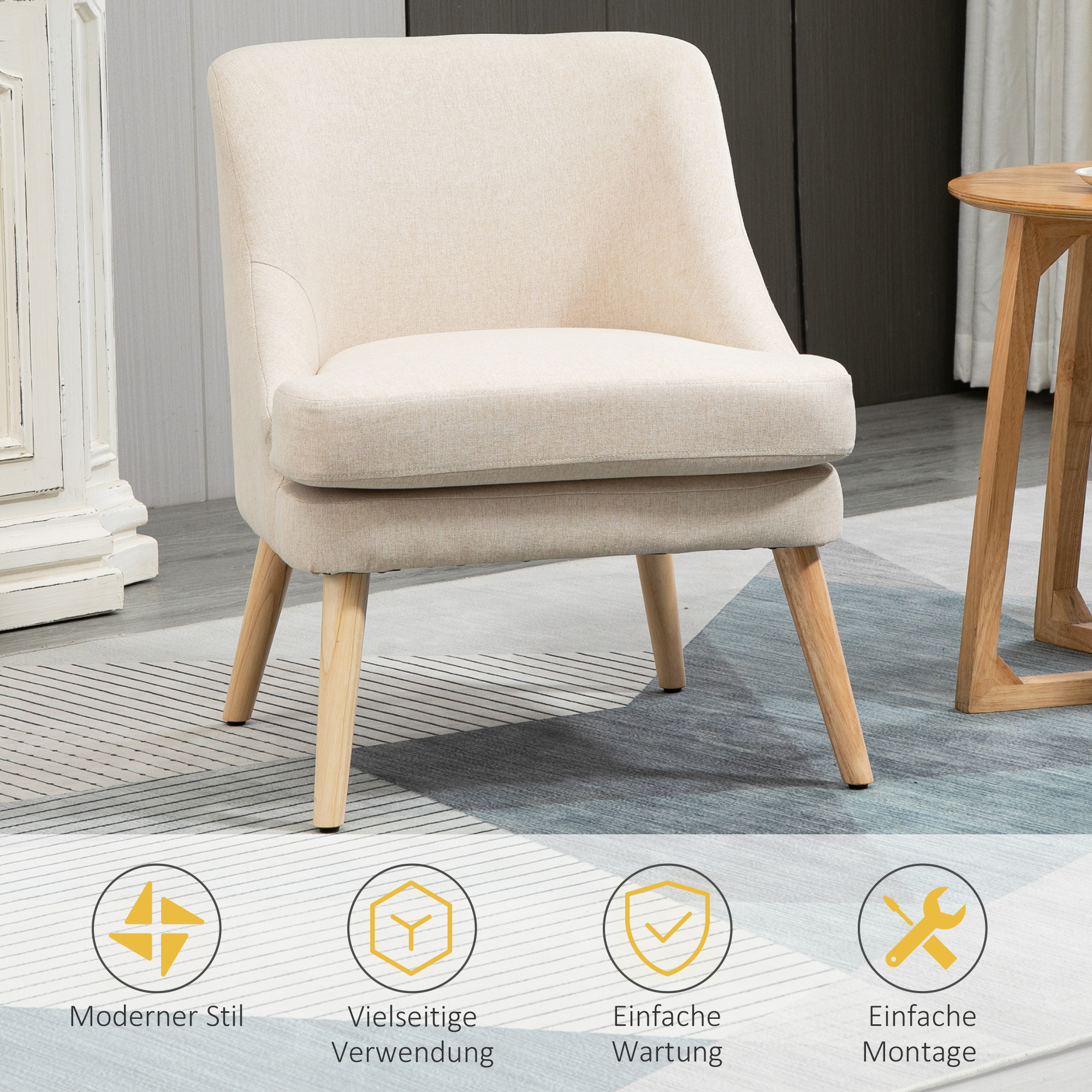 Sessel Loungesessel mit Leinenoptik, Armlehne, Gepolstert Relaxsessel mit Holzbeine, für Wohnzimmer, Schlafzimmer, Cremeweiß