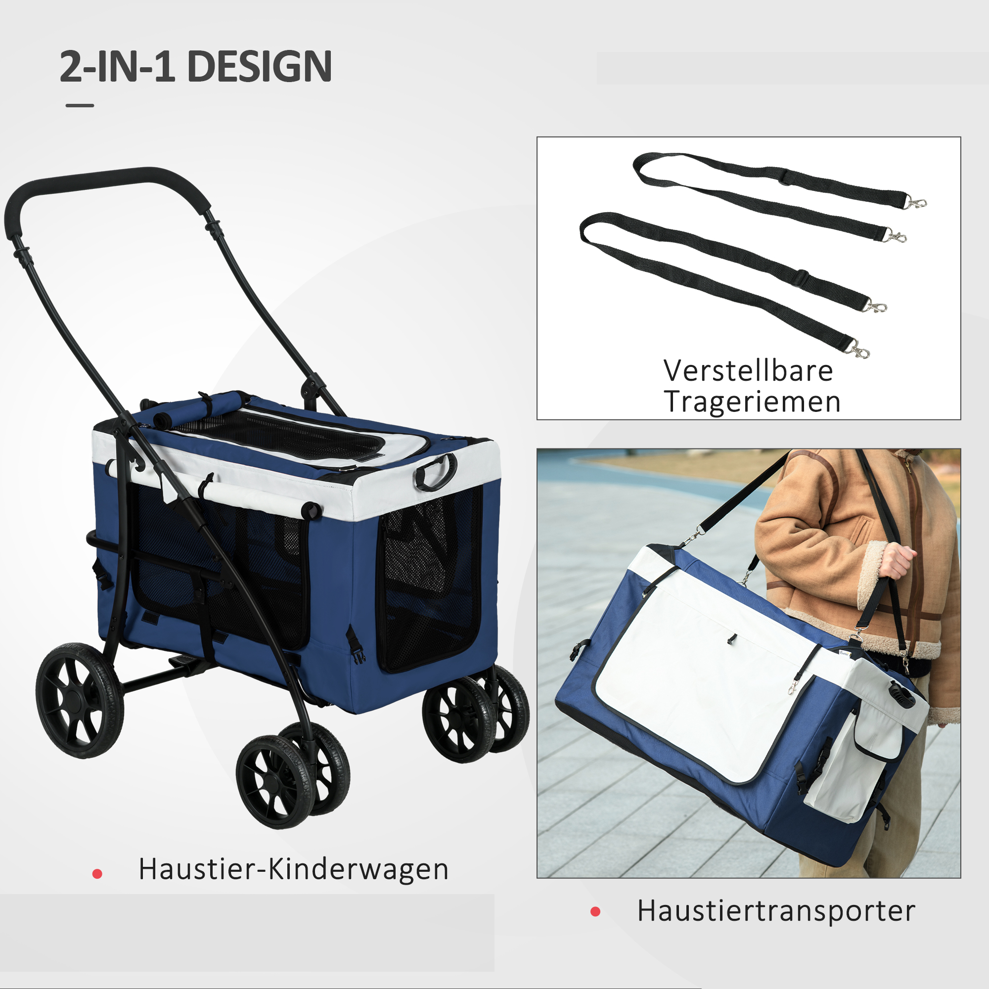 Hundbuggy Haustierbuggy Haustiertransporter bis 10kg klappbar verstellbare Trageriemen abnehmbarer Korb 81 x 58 x 97,5 cm Schwarz + Blau + Weiß