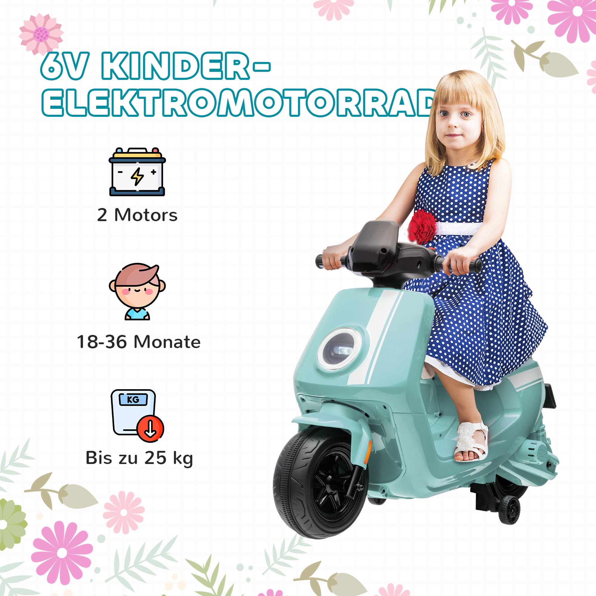 6V Elektro-Motorrad für Kinder, mit Scheinwerfer und Musik, Vor- und Rückwärtsgang, Trainingsräder, 18-36 Monate, Grün