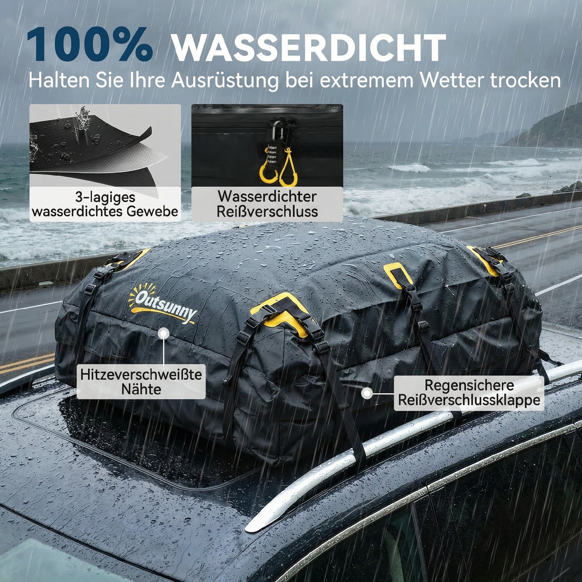 Auto Dachbox 21 Kubikfuß Faltbar Wasserdicht Dachgepäckträger mit Anti-Rutsch-Matte 10 Schwerlastgurten 6 Türhaken