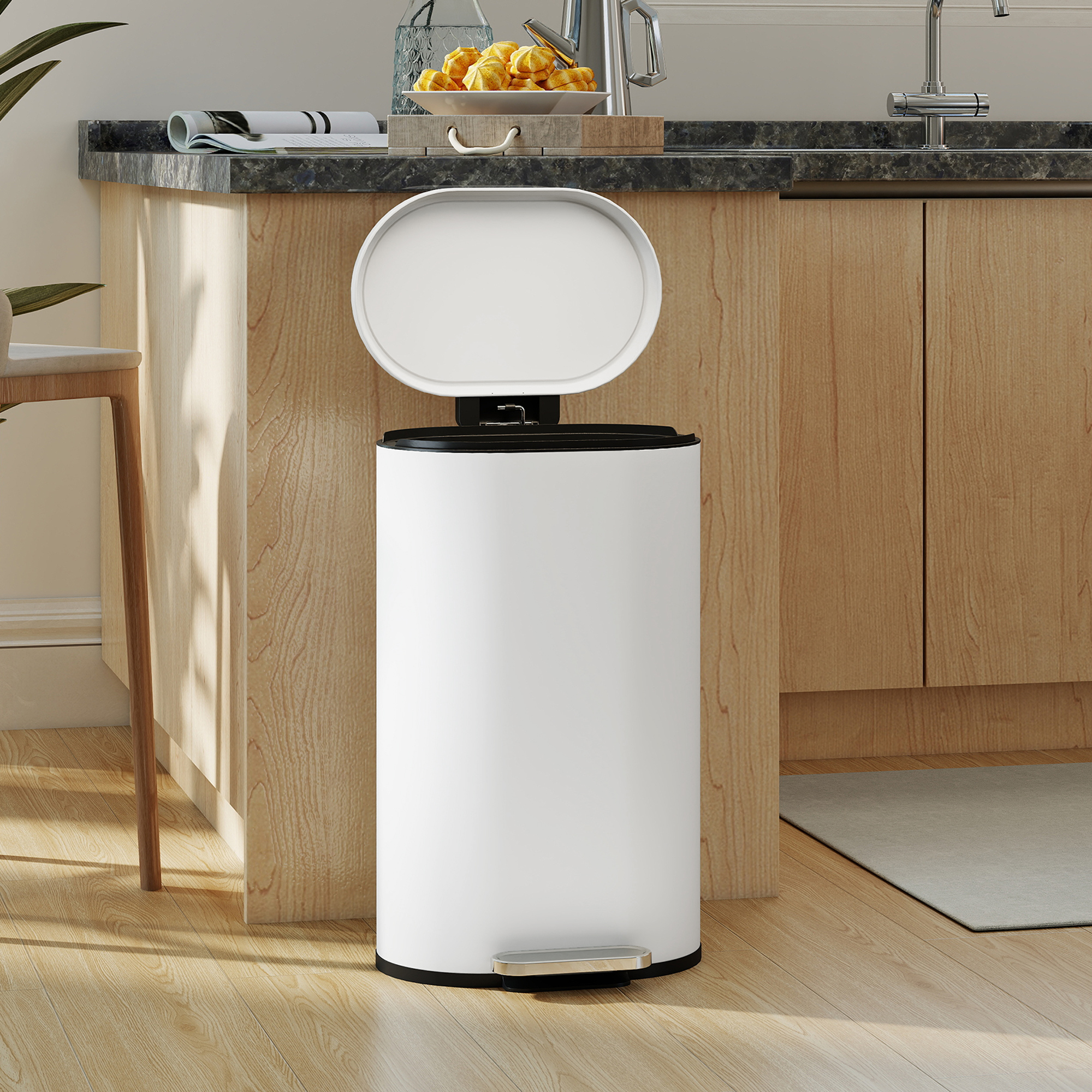 Mülleimer Küche 30 Liter Treteimer mit Soft-Close-Deckel, Pedal aus Metall, Cremeweiß, 36,5 X 31 x 61 cm