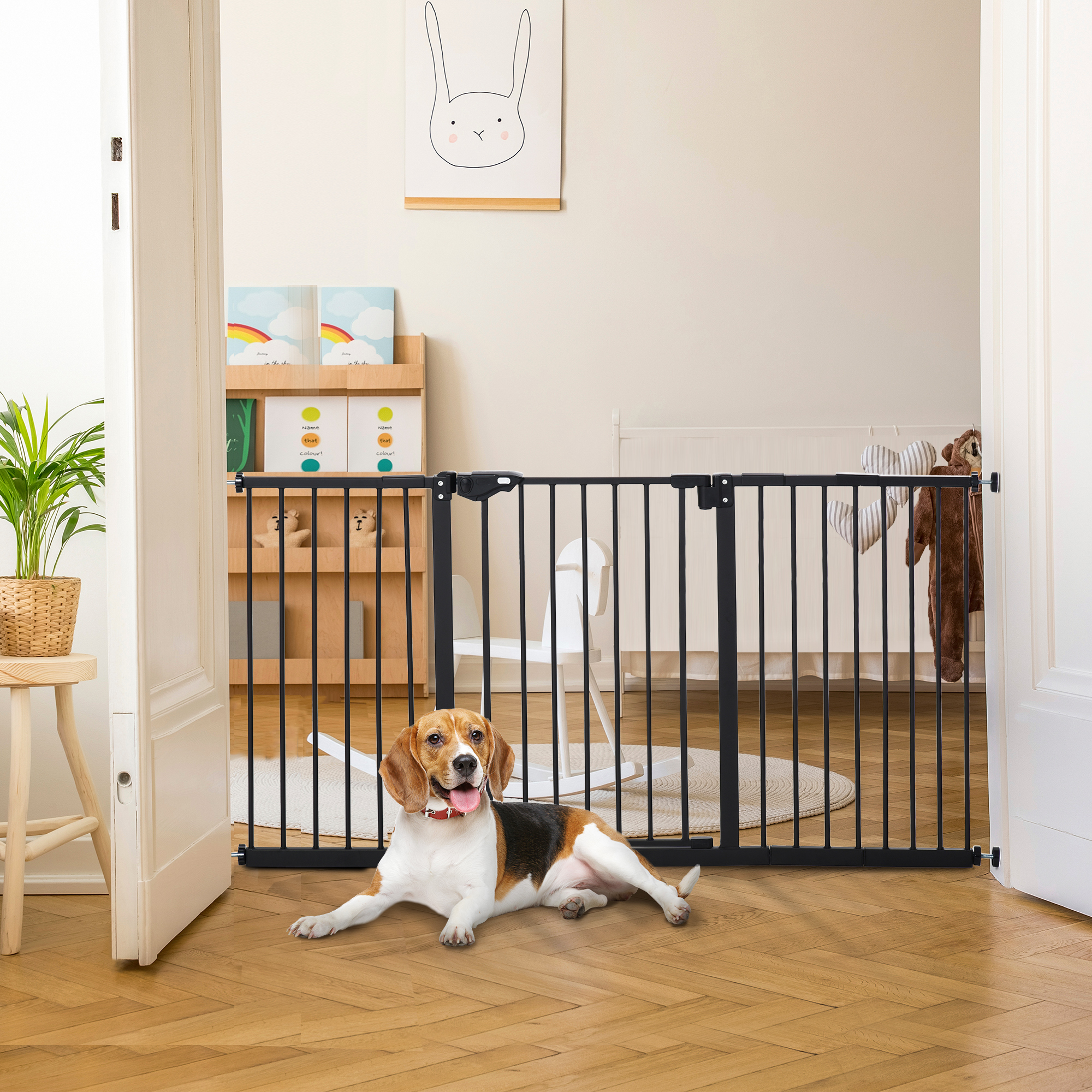 Türschutzgitter Treppenschutzgitter mit 17,5/20,3/30,5 cm Verlängerung Türgitter ohne Bohren mit Auto-Close für Breiten 74-147,5 cm Beidseitig Schwenkbar Metall Schwarz