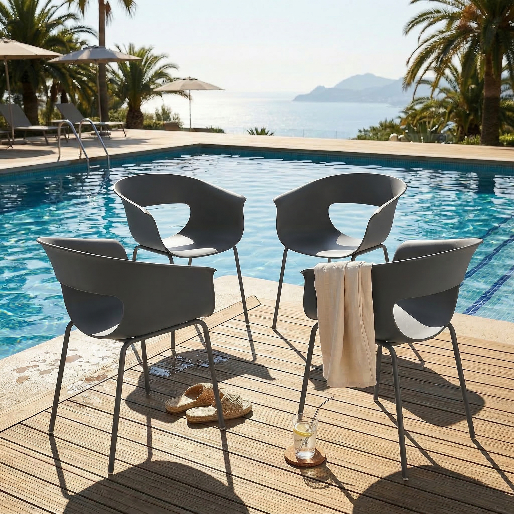 Gartenstühle 4er Set ergonomisch Balkonstühle mit Ausschnittdesign Armlehne Wetterfest rostbeständig Dunkelgrau