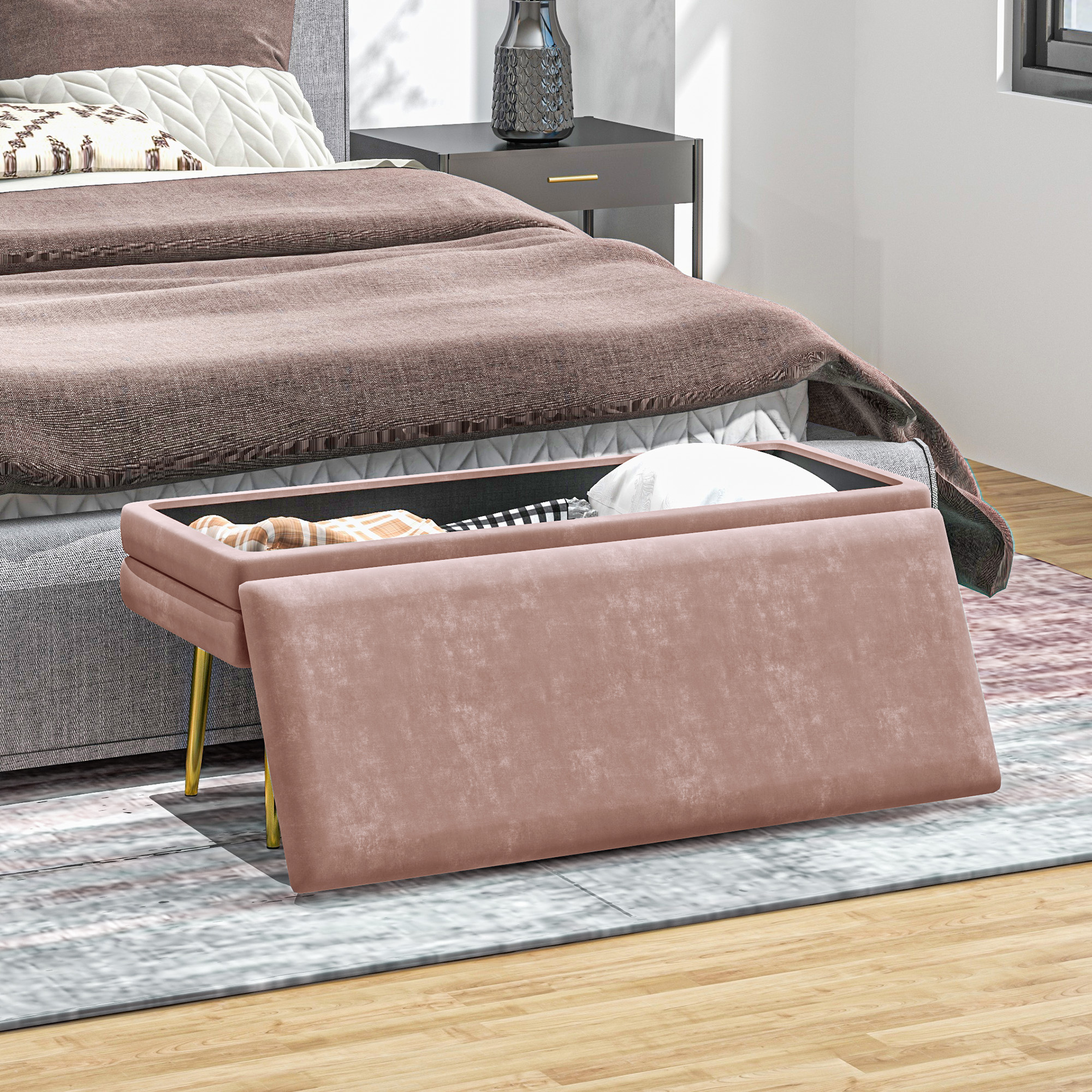 Sitzbank Polsterbank, mit Stauraum, Stahl, 100 x 37,5 x 42 cm, Rosa