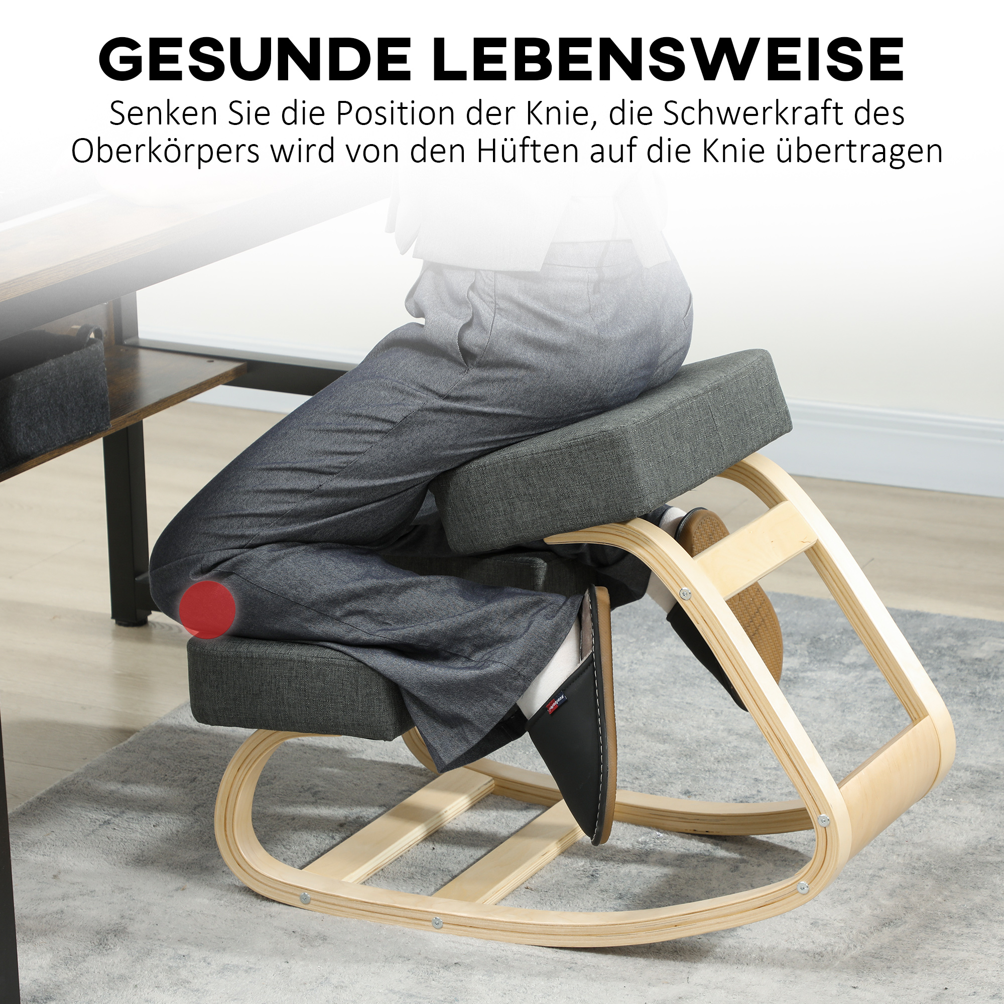 Kniestuhl, ergonomischer Sitzhocker, Polsterhocker für gesunde Sitzhaltung, Birkenholz, 120 kg belastbar, Dunkelgrau