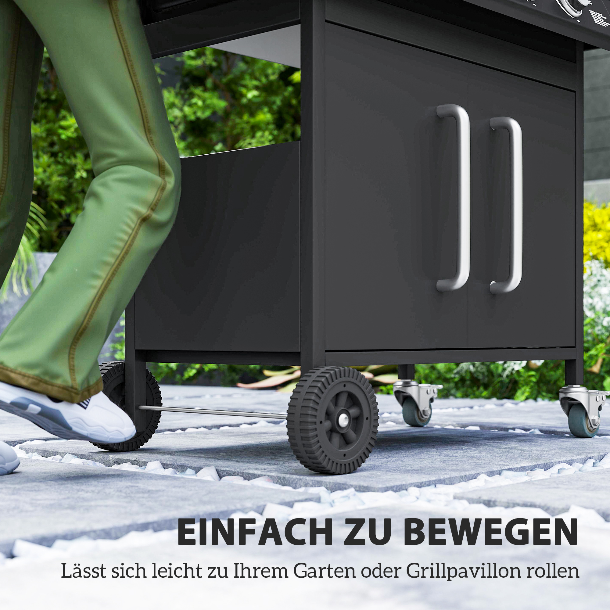 Gasgrill 15,2 KW Grillwagen inkl 5 Edelstahl-Brenner Rolle Seitenkocher 129,5 x 56 x 110 cm Schwarz