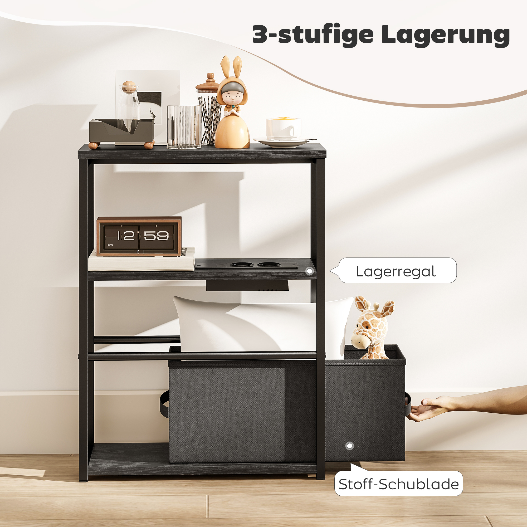 Beistelltisch Sofatisch mit Steckdosenleiste, Ablage, für Kleine Räume, 45x18x60,2cm, Schwarz