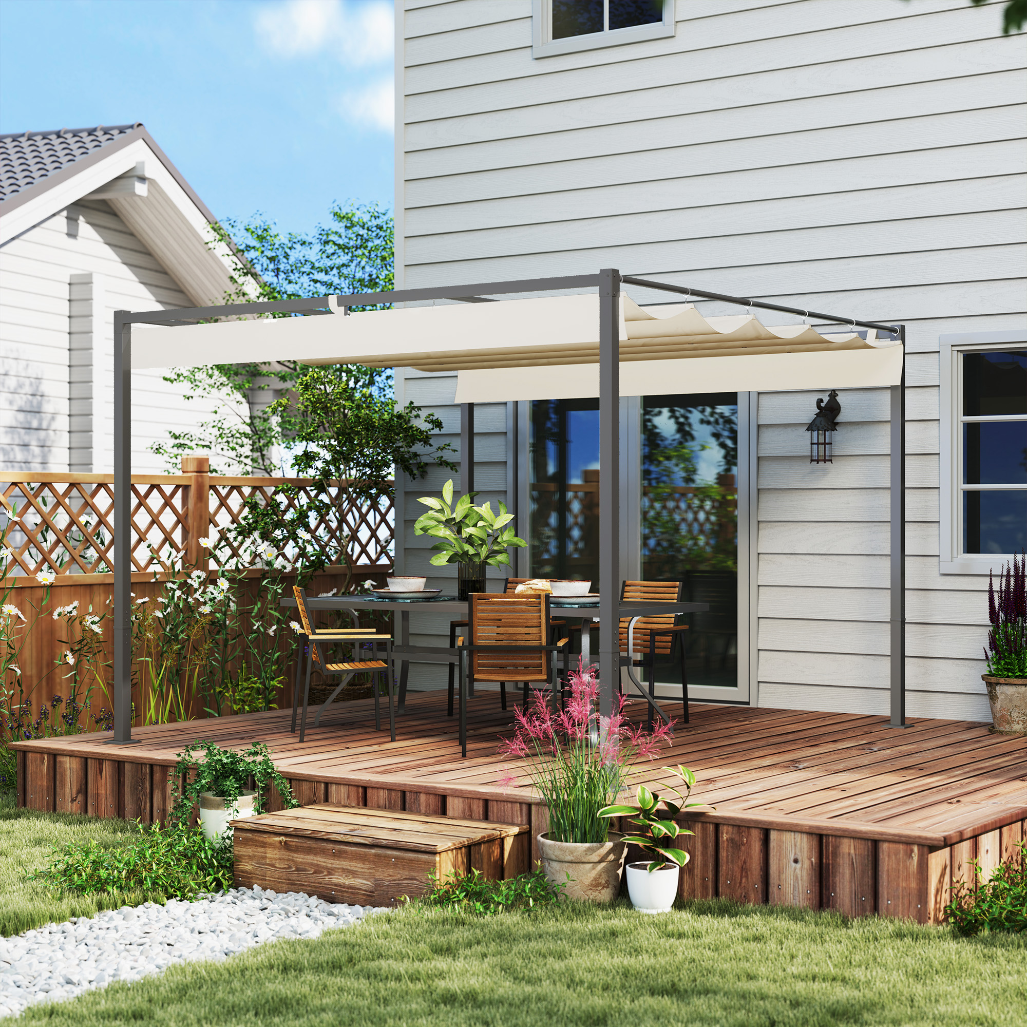 3 x 3 m Garten-Pergola mit einziehbarem Dach, Pavillon, Baldachin für Schatten, UPF30+, Beige