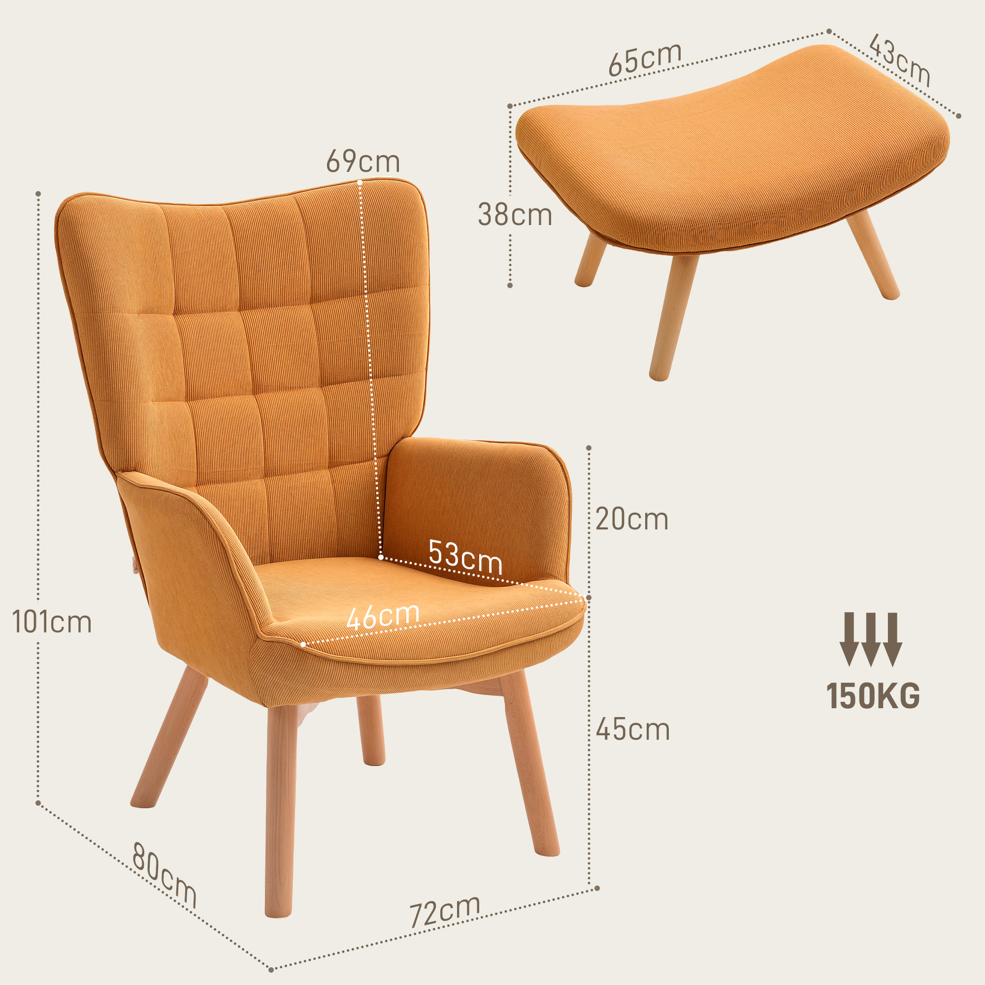 Akzentsessel mit Hocker, Relaxsessel in Cord-Optik, Armlehnstuhl mit Holzbeinen, für Wohnzimmer, Braun