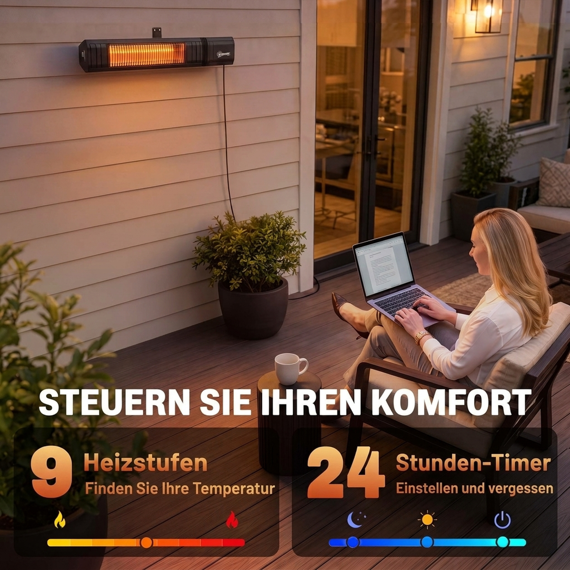 Infrarot Heizstrahler Hängend 2000W Carbonfaser Deckenheizstrahler mit App Touch & Fernbedienung 9 Heizstufen