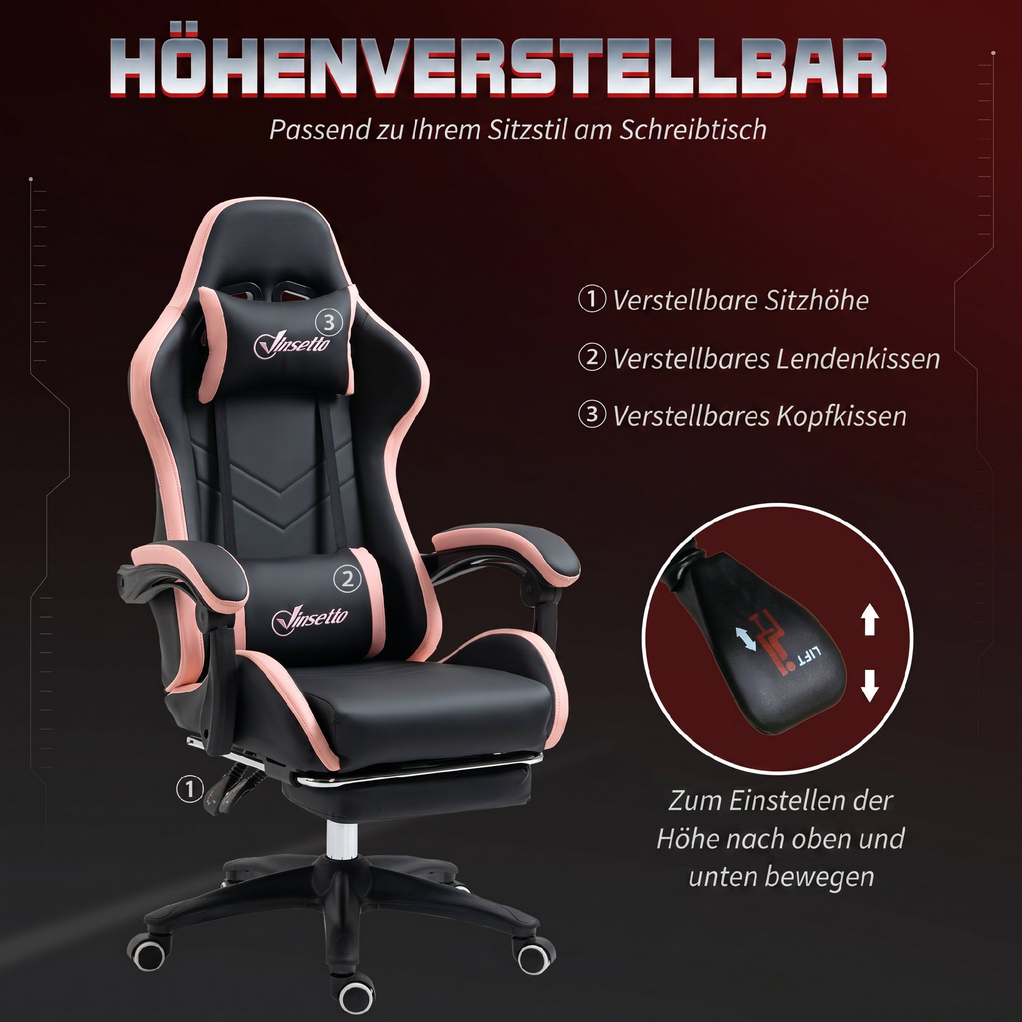 Bürostuhl, Gamingstuhl, 1 Kopfstütze, 1 Lendenstütze, Rosa + Schwarz