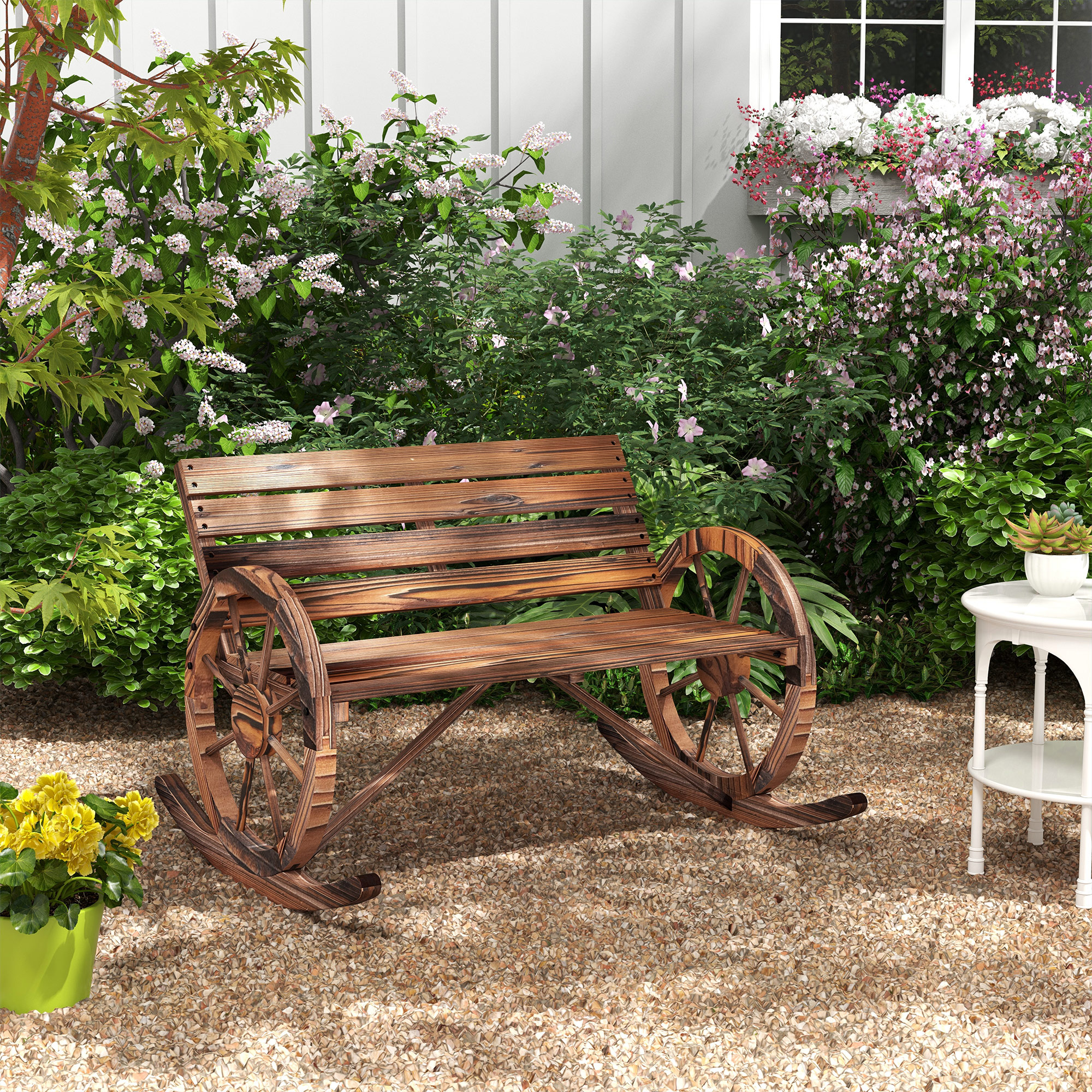 Garten-Schaukelbank, 2-Personen-Schaukel, mit radförmigen Armlehnen, für Balkon, Garten, Terrasse, carbonisiert.