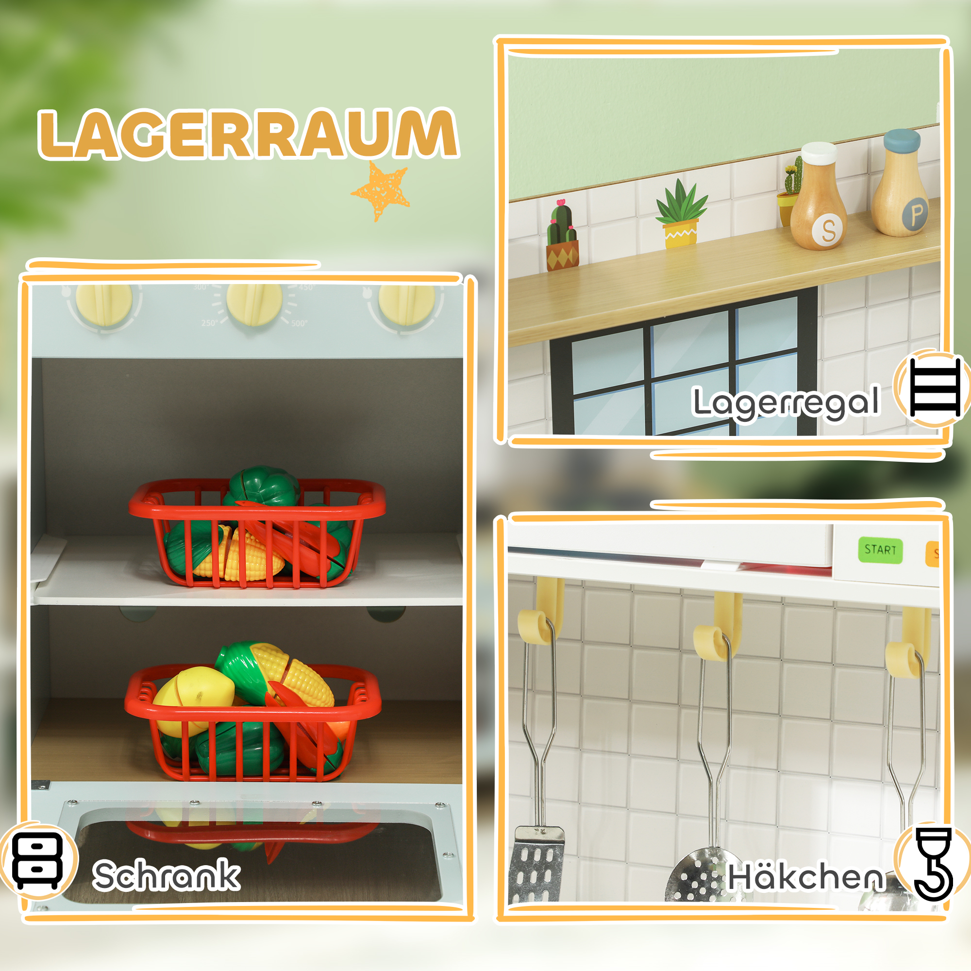 Spielküchen-Set, Kinderküche zum Spielen mit Mikrowelle, Herd und Backofen, Kochutensilien, MDF, Edelstahl, Blau