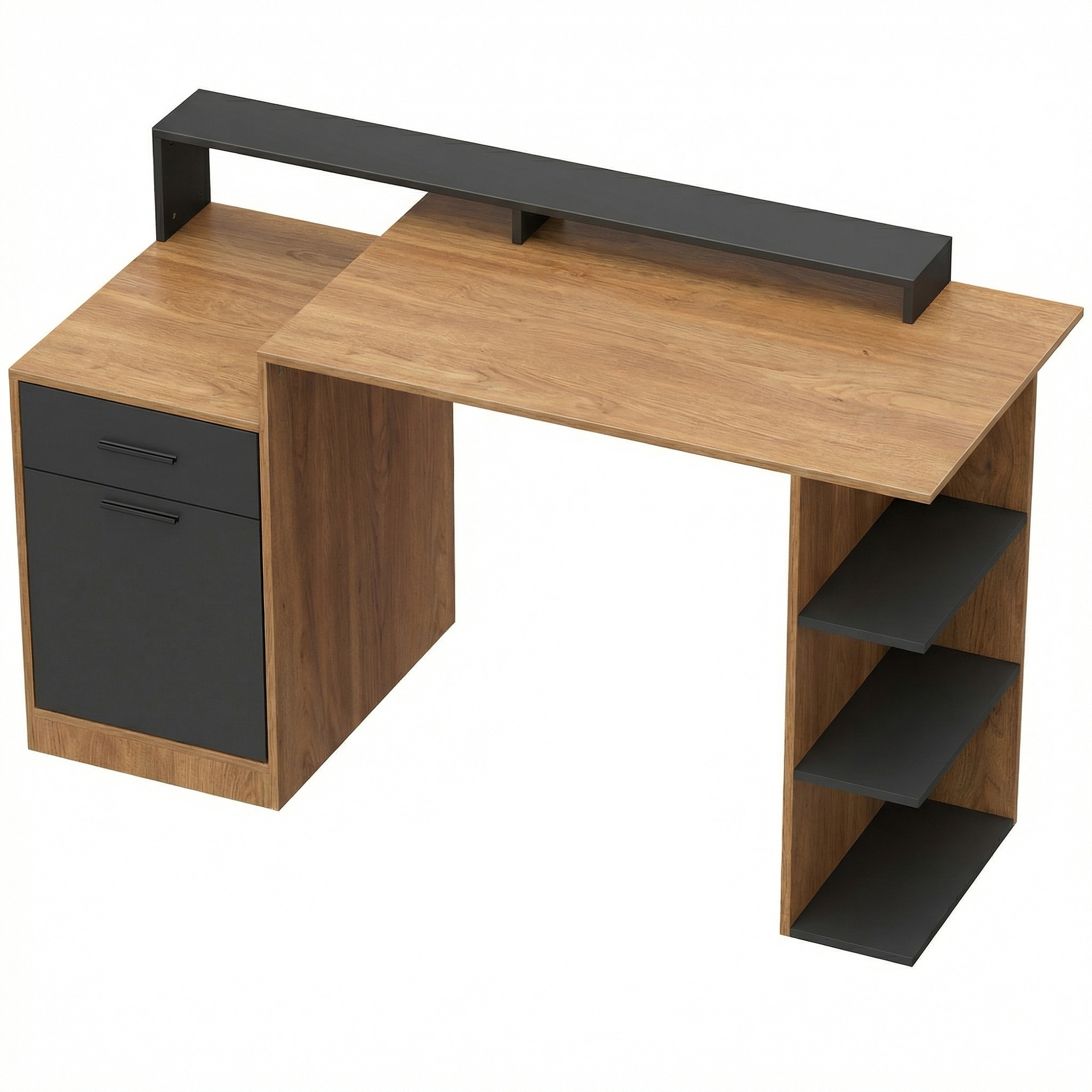 Computertisch mit Stauraum und Regalen, Moderner Schreibtisch für Büro und Arbeitszimmer, 140 cm, Eiche