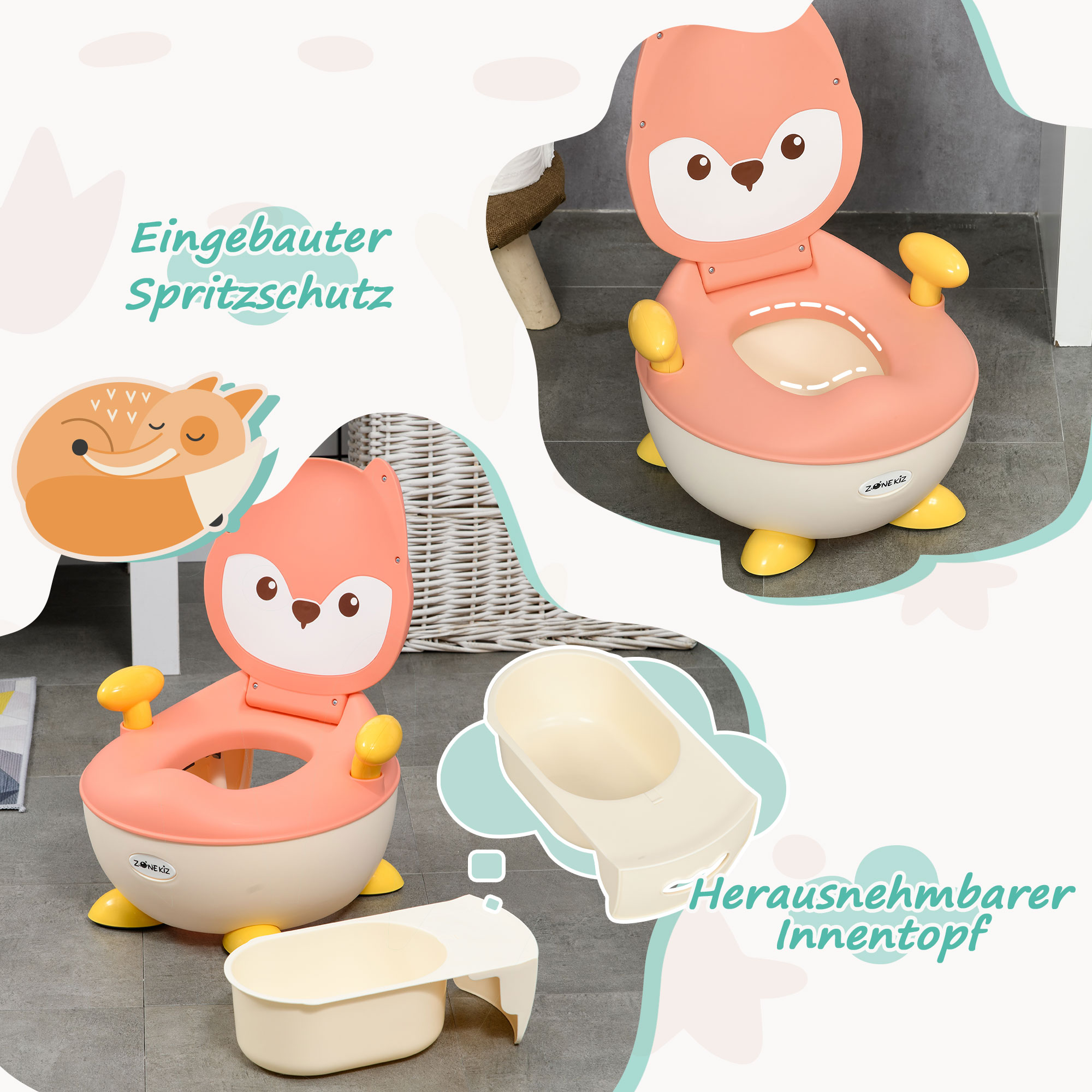 Töpfchen für Kinder 0,5 bis 3 Jahre, rutschfest, Innentopf, Spritzschutz, Fuchs-Design, 34,5 x 35 x 23 cm