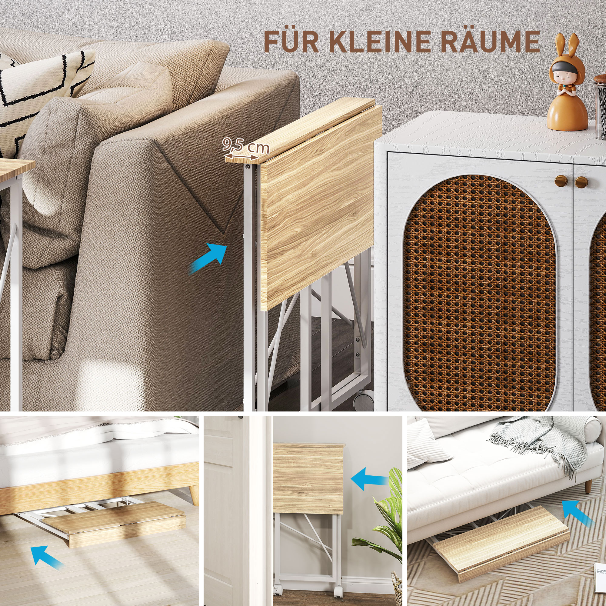 Klappbarer Schreibtisch mit Rädern, platzsparend, Stahl, MDF, Natur