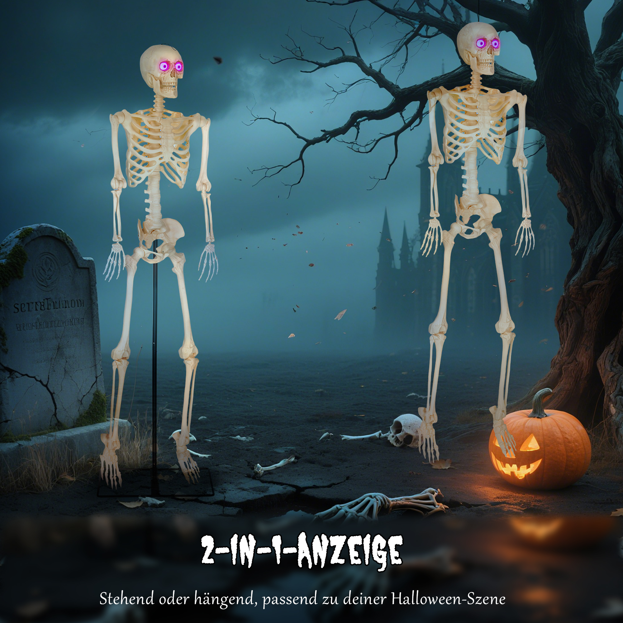Skelett-Figur, Halloween-Dekoration, bewegliche Arme und Beine, Geräusch-Aktivierung, leuchtende Augen, Batteriebetrieb, 152 cm, Metall, Kunststoff, Gelb Skelett-Figur, Halloween-Dekoration, bewegliche Arme und Beine, Geräusch-Aktivierung, leuchtende Augen, Batteriebetrieb, 152 cm, Metall, Kunststoff, Gelb