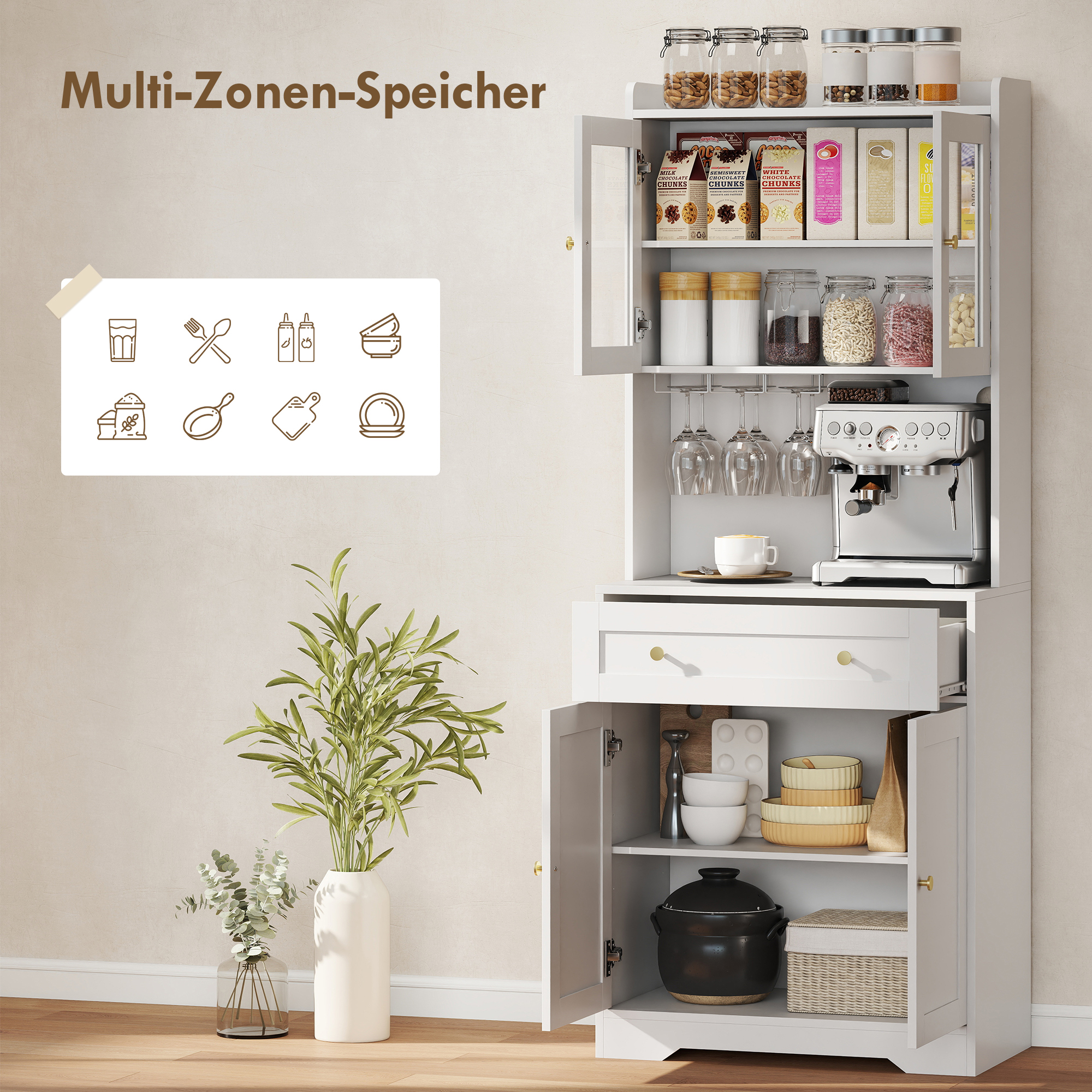 Küchenschrank mit Arbeitsfläche, Weinglashalter, Vorratsschrank für Küche, Esszimmer, 170 cm, MDF, Glas, Weiß