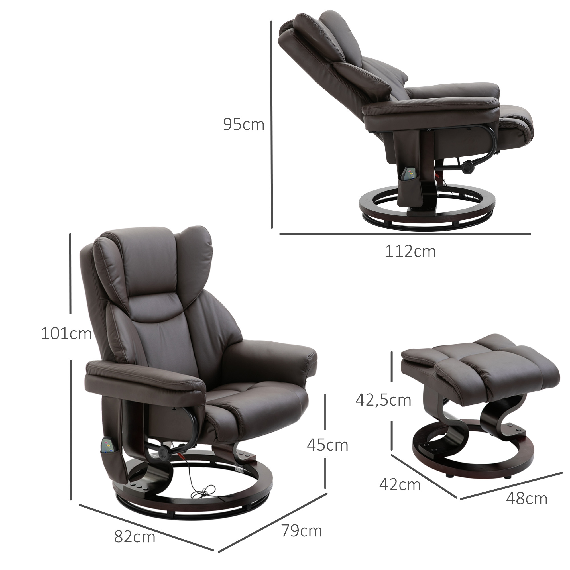 Relaxsessel mit Hocker, 360°drehbarer Fernsehsessel mit Massage, Liegefunktion, Massagesessel mit Seitentasche, Liegesessel, Kunstleder für Wohnzimmer Braun