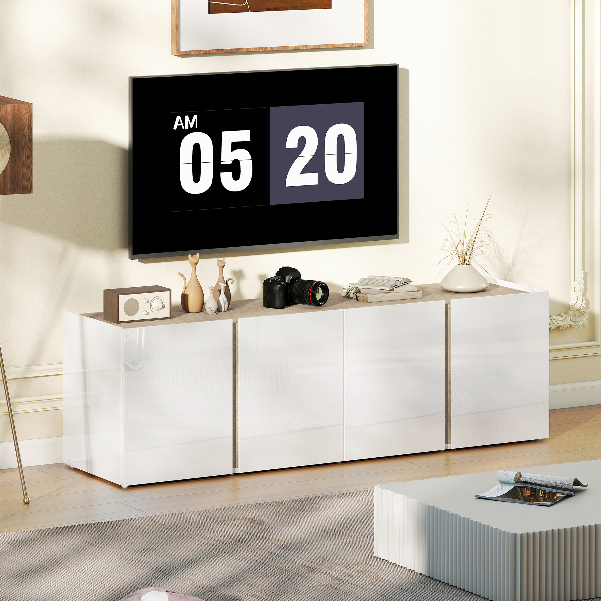 TV-Kommode für 65-Zoll-Fernseher, Fernseh-Schrank mit Soft-Close-Türen, anpassbare Regale, Kabellöcher, für Wohnzimmer, Weiß