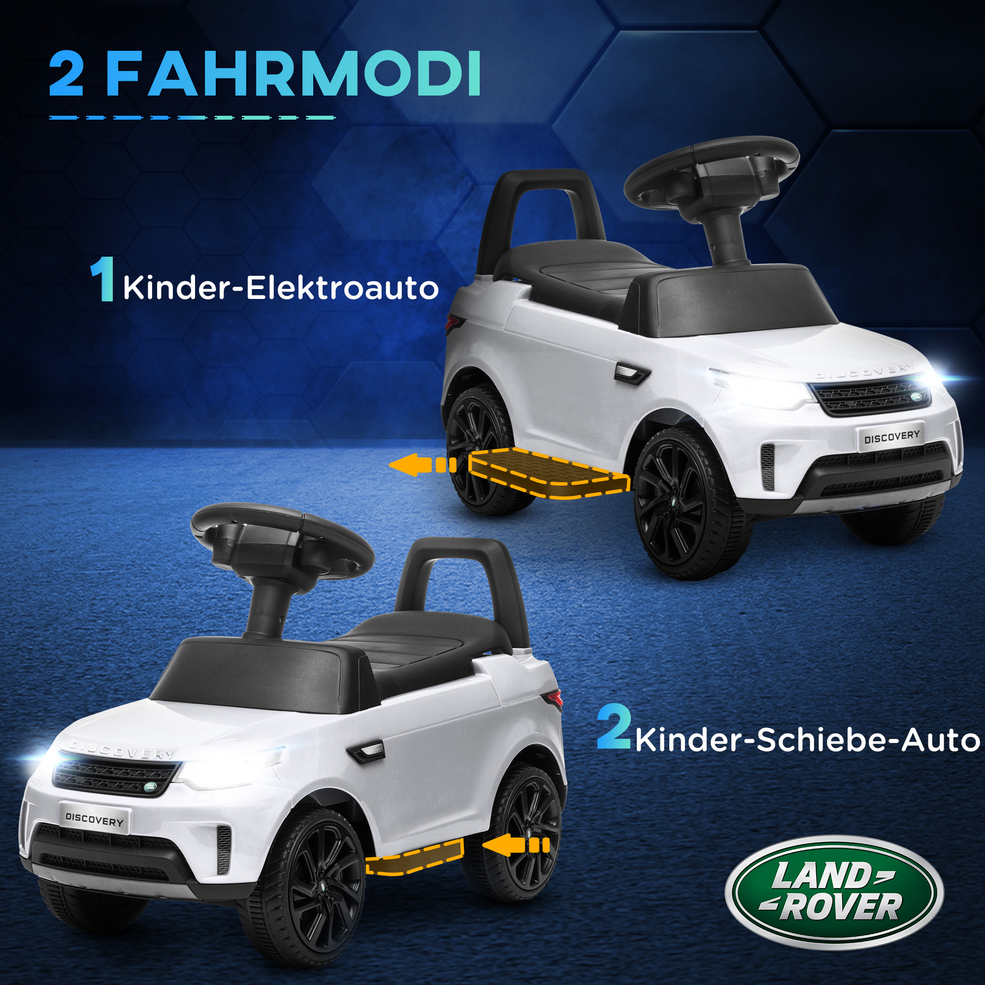 Elektro Kinderauto 6V, Land Rover, Fahr-/Schiebemodus, Scheinwerfer, Musik, Weiß