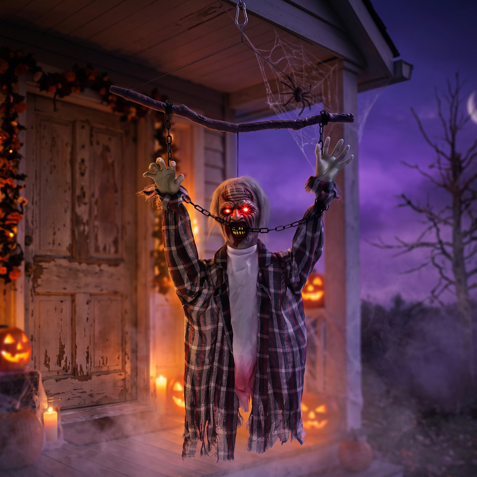 110 cm animierte hängende Halloween-Deko, schreiender Zombie, Sound- & Berührungsaktivierung, rote LED-Augen