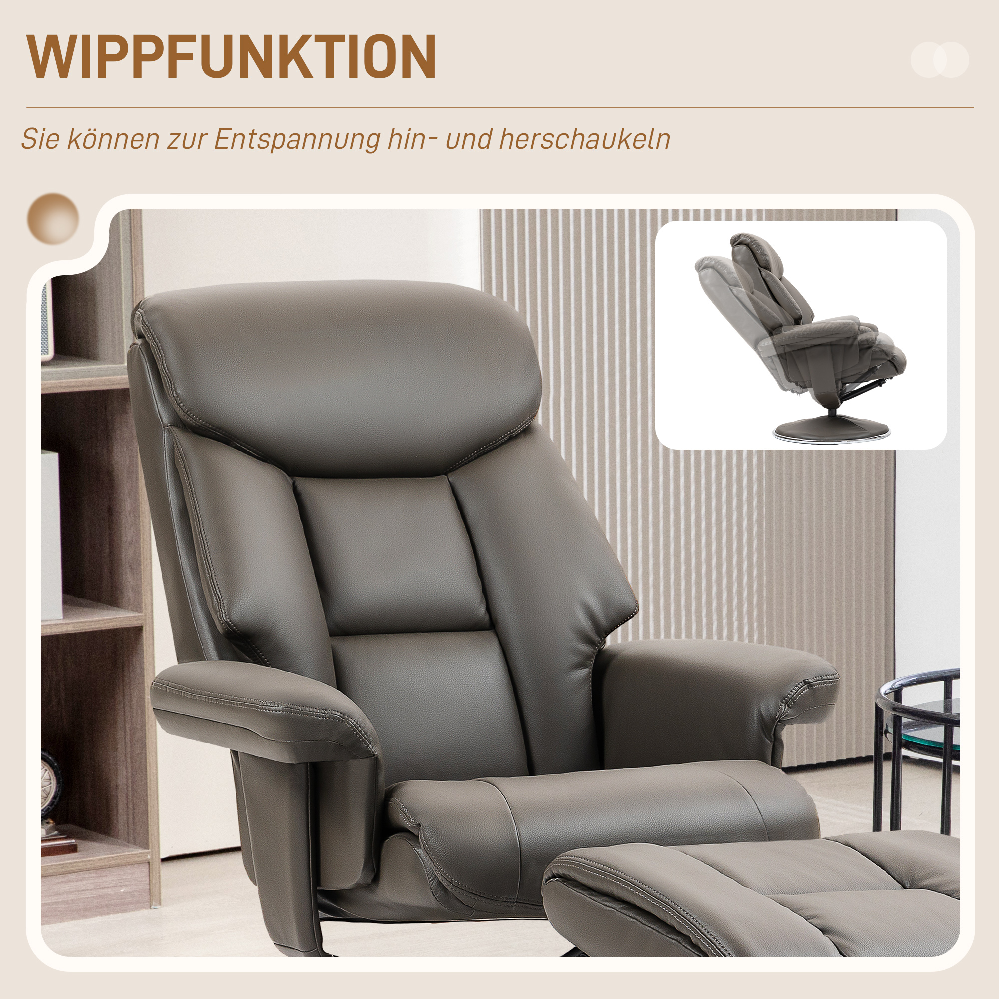 Relaxsessel mit Hocker, Rückenlehne verstellbar, Kunstleder, bis 150 kg, Grau