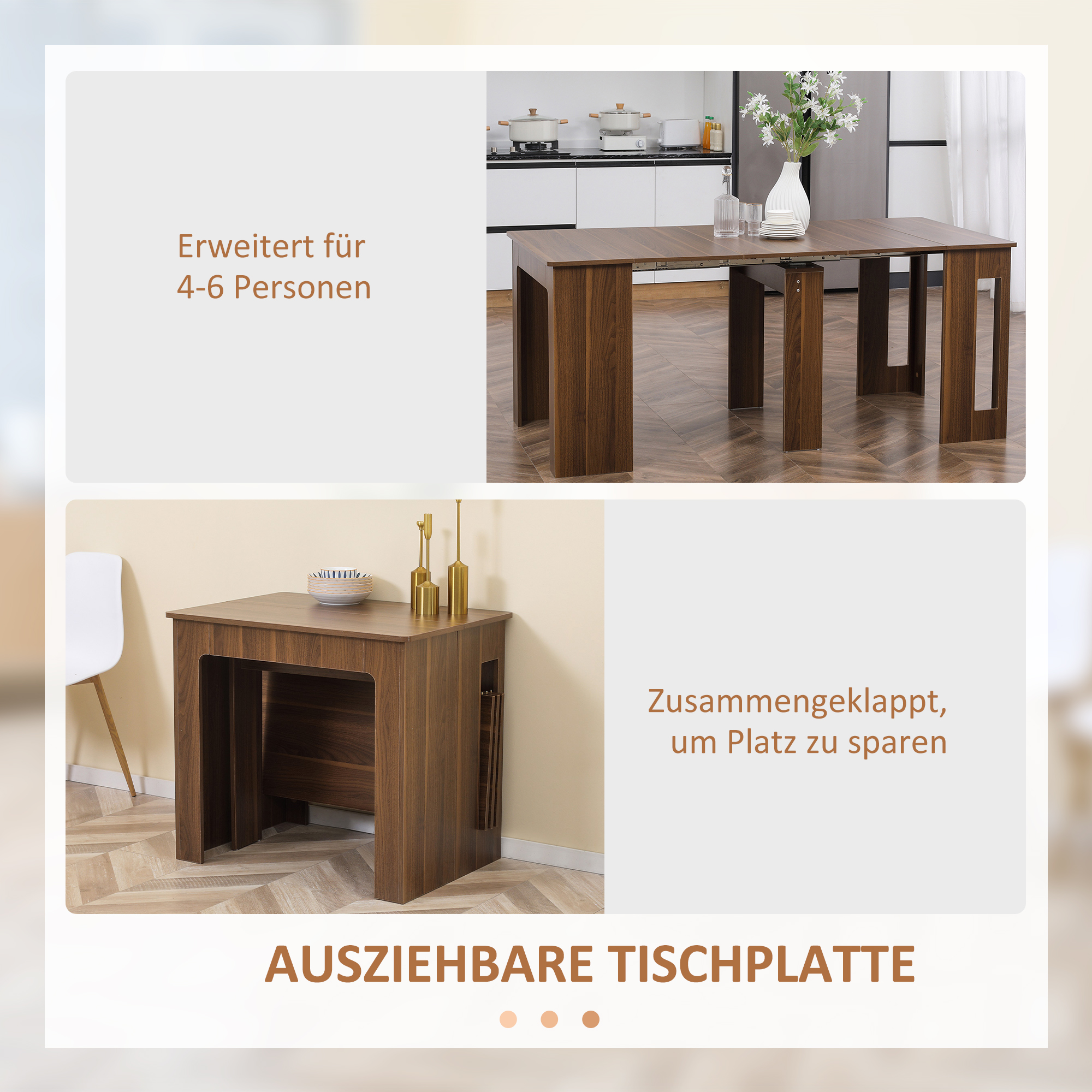 ausklappbarer Esstisch, ausziehbarer Esstisch  Esstisch, mobil, modernes Design, 180cm x 85cm x 75cm, Braun