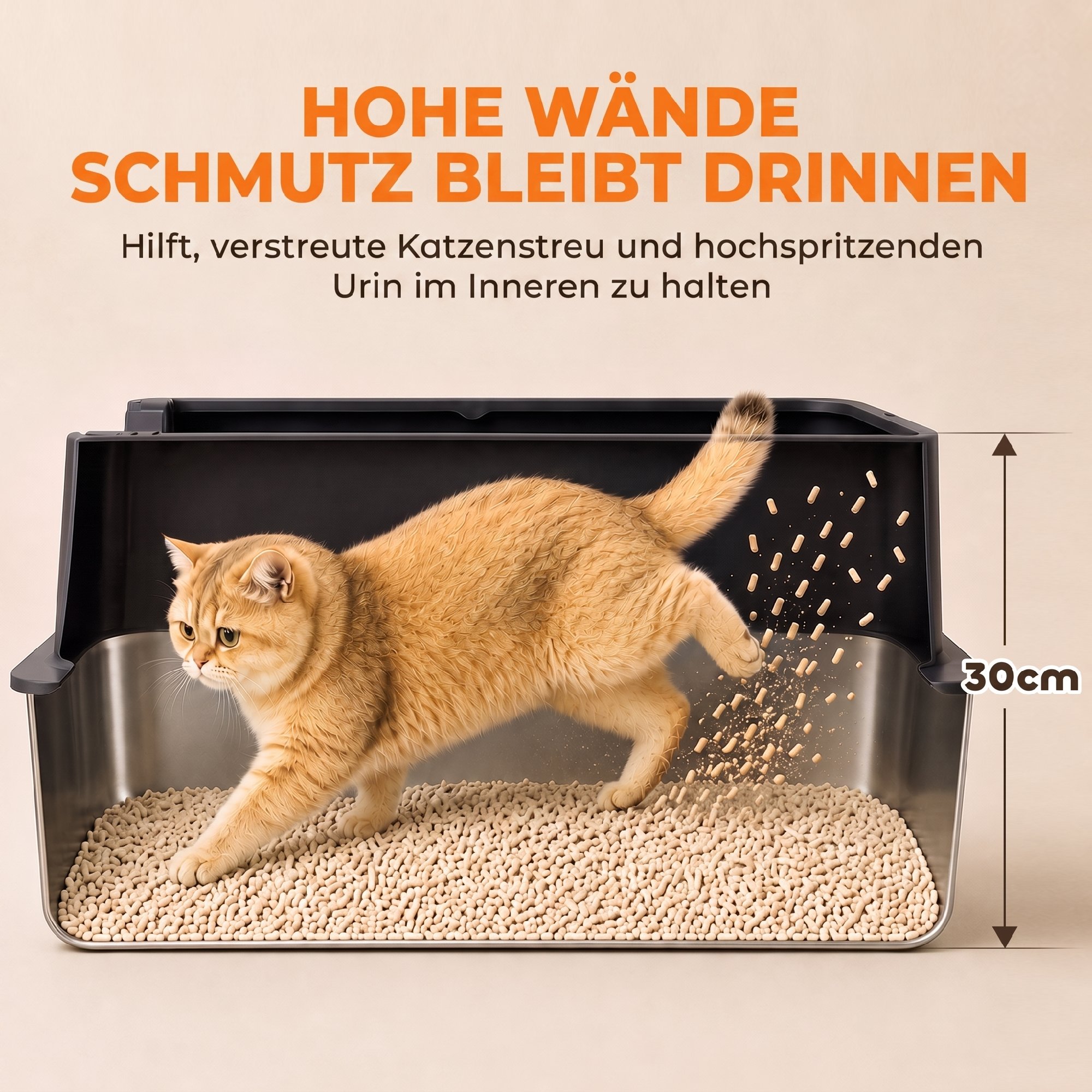 2er-Set Katzenklo Edelstahl XL mit Hohem Rand Deckel 60x40x30cm Halboffene mit 2 Schaufeln, für Große Katzen bis 8 kg