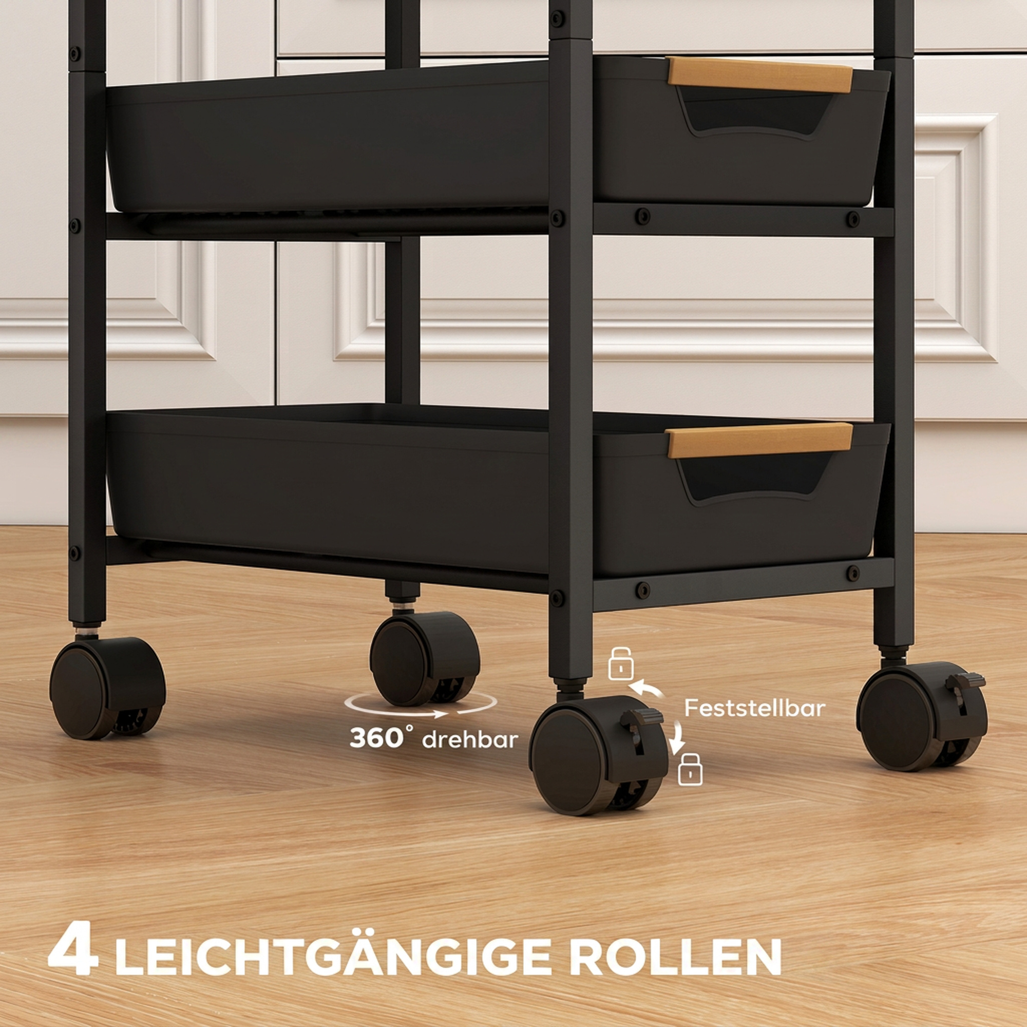 5-stufiger Küchenwagen, Holzoptik, rollbar, Metallrahmen, 4 Schubladen, Schwarz