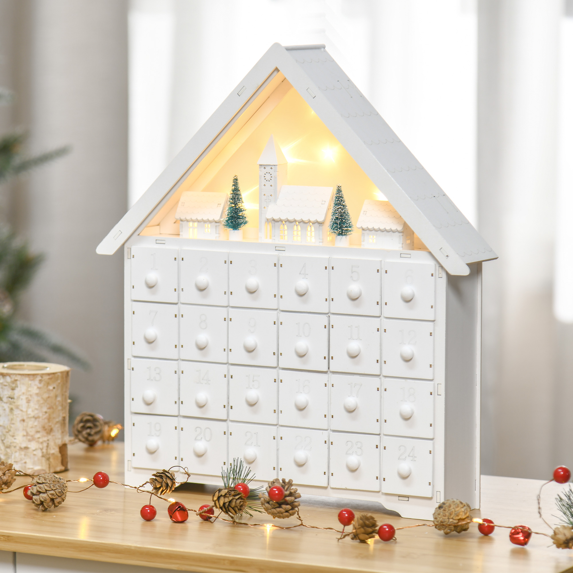Adventskalender Weichnachtsdekoration Weihnachtsdeko, 24 Schubladen, LED-Lichter, 39 cm x 9 cm x 42 cm, Weiß + Grün