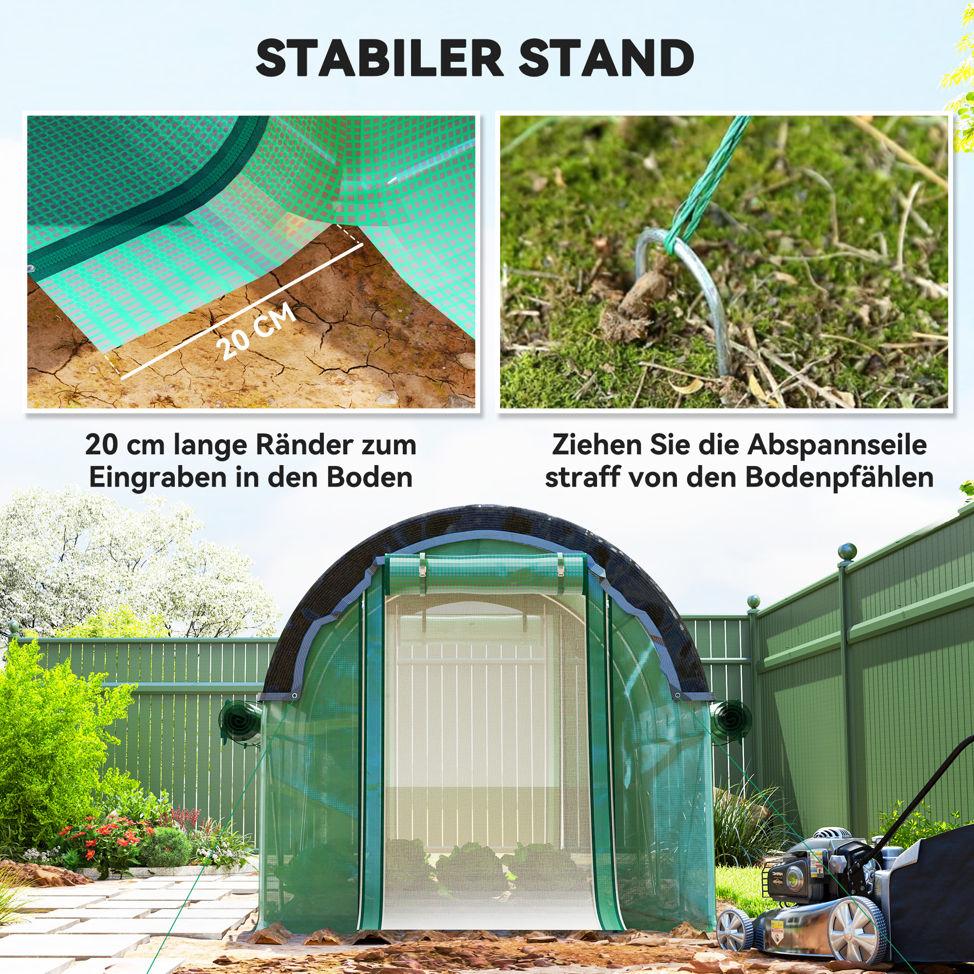 3 x 2 x 2 m Polytunnel-Gewächshaus mit Sonnenschutznetz, rollbaren Seitenwänden, Kunststoff-Abdeckung, Stahlrahmen, Grün