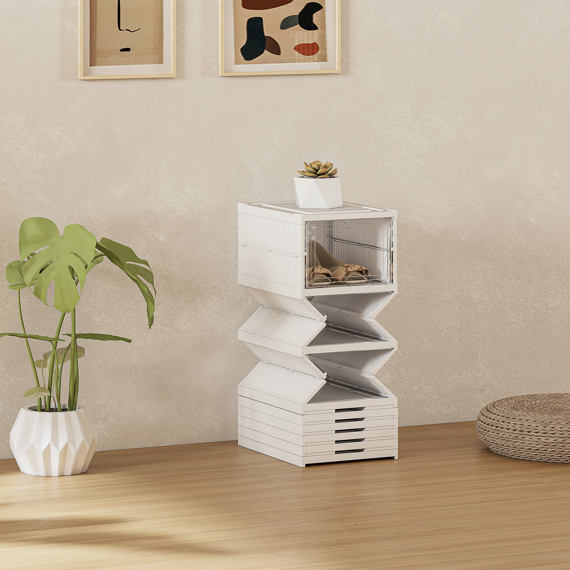 8-stufiges Schuhregal, Schuhschrank, faltbar, belüftete Rückseite, Kunststoff, Weiß