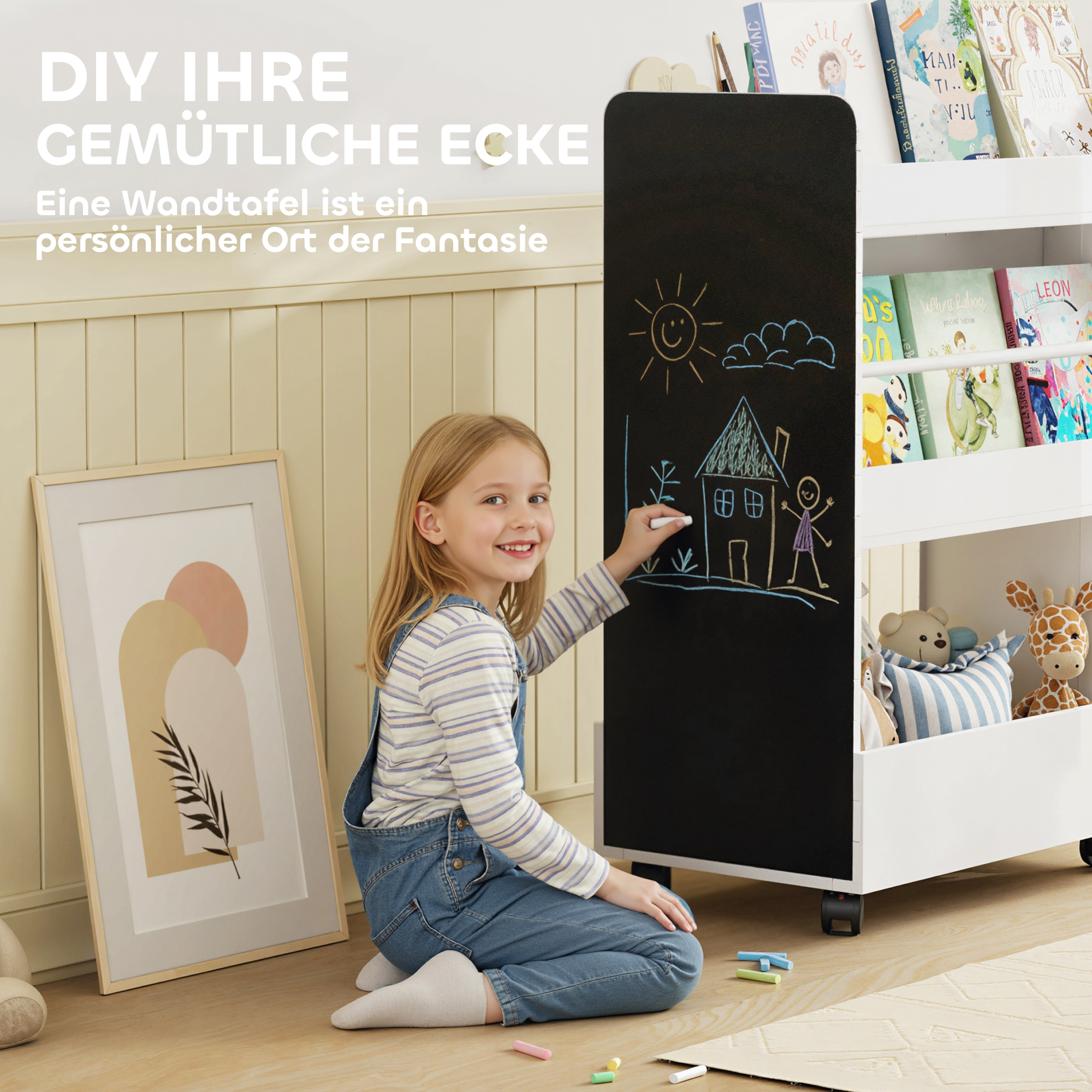 Kinder Bücherregal mit 4 Regalen, Bodenfach, 2 Seitenteile, Tafel, Rollen, für 3-8 Jahre, 66,5x32,5x86,5 cm Weiß