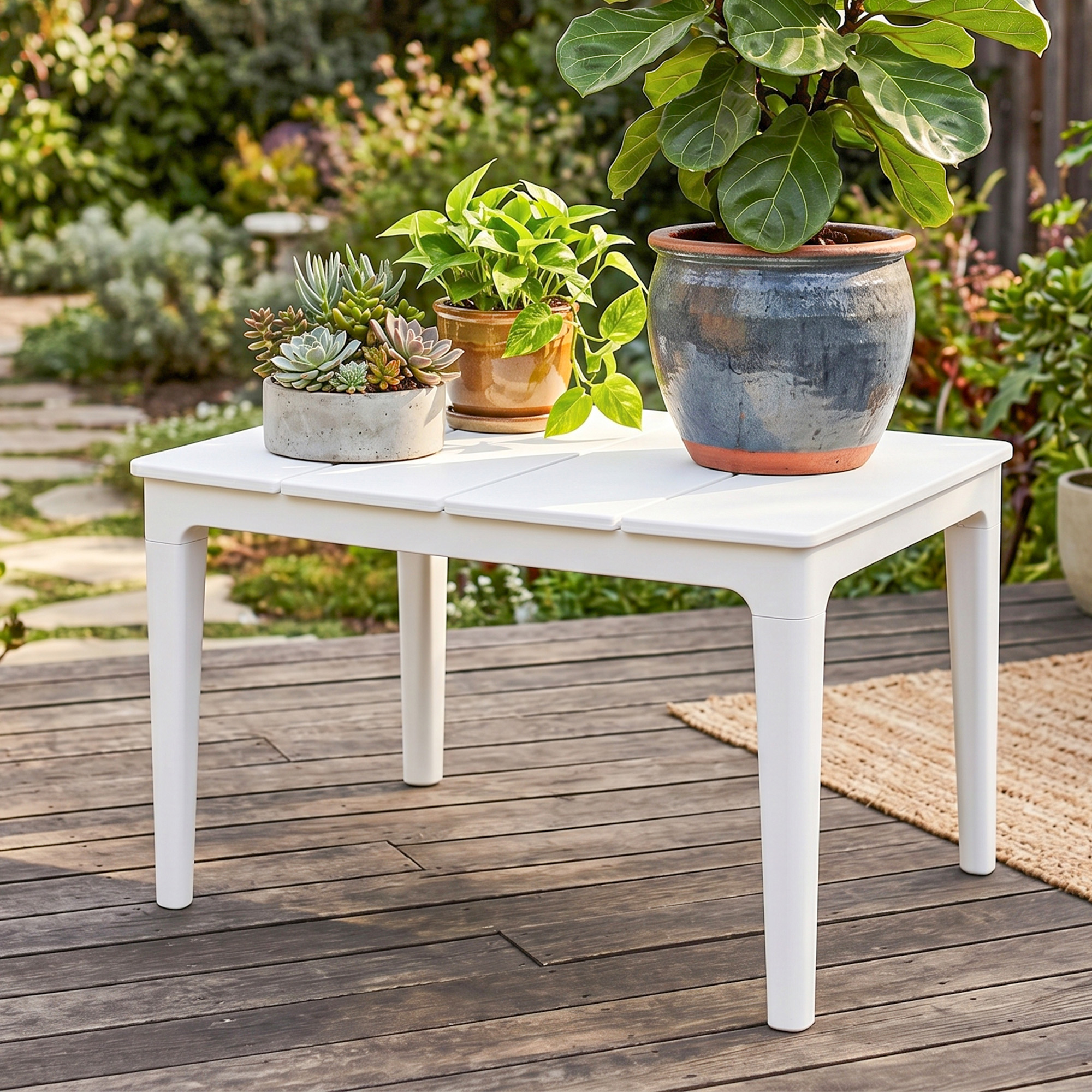 Beistelltisch 70 x 53cm wetterfest Gartentisch aus Kunststoff rechteckig Balkontisch 35kg Belastbar Cremeweiß