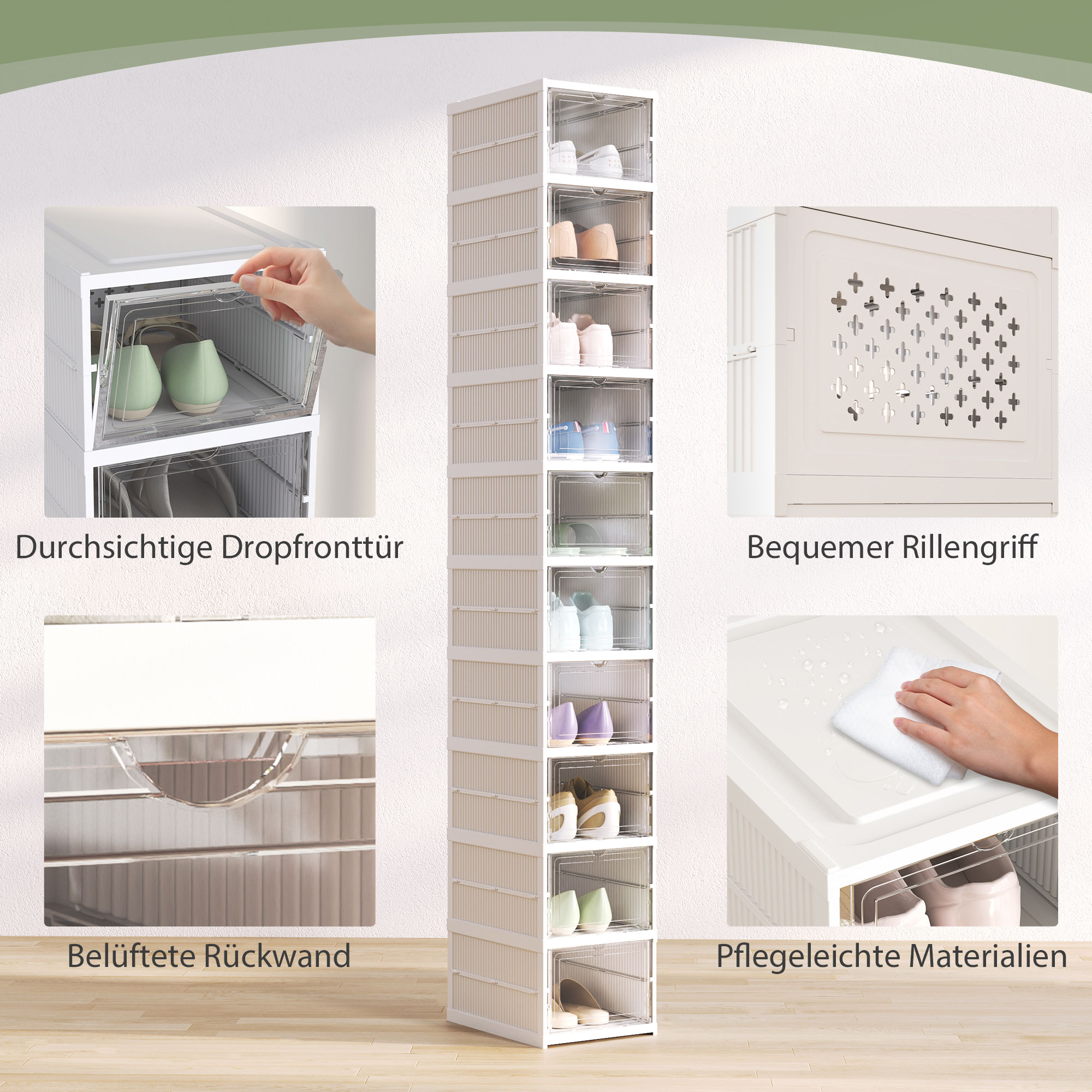 10-stufiges Schuhregal, Schuhschrank, faltbar, belüftete Rückseite, Kunststoff, Weiß