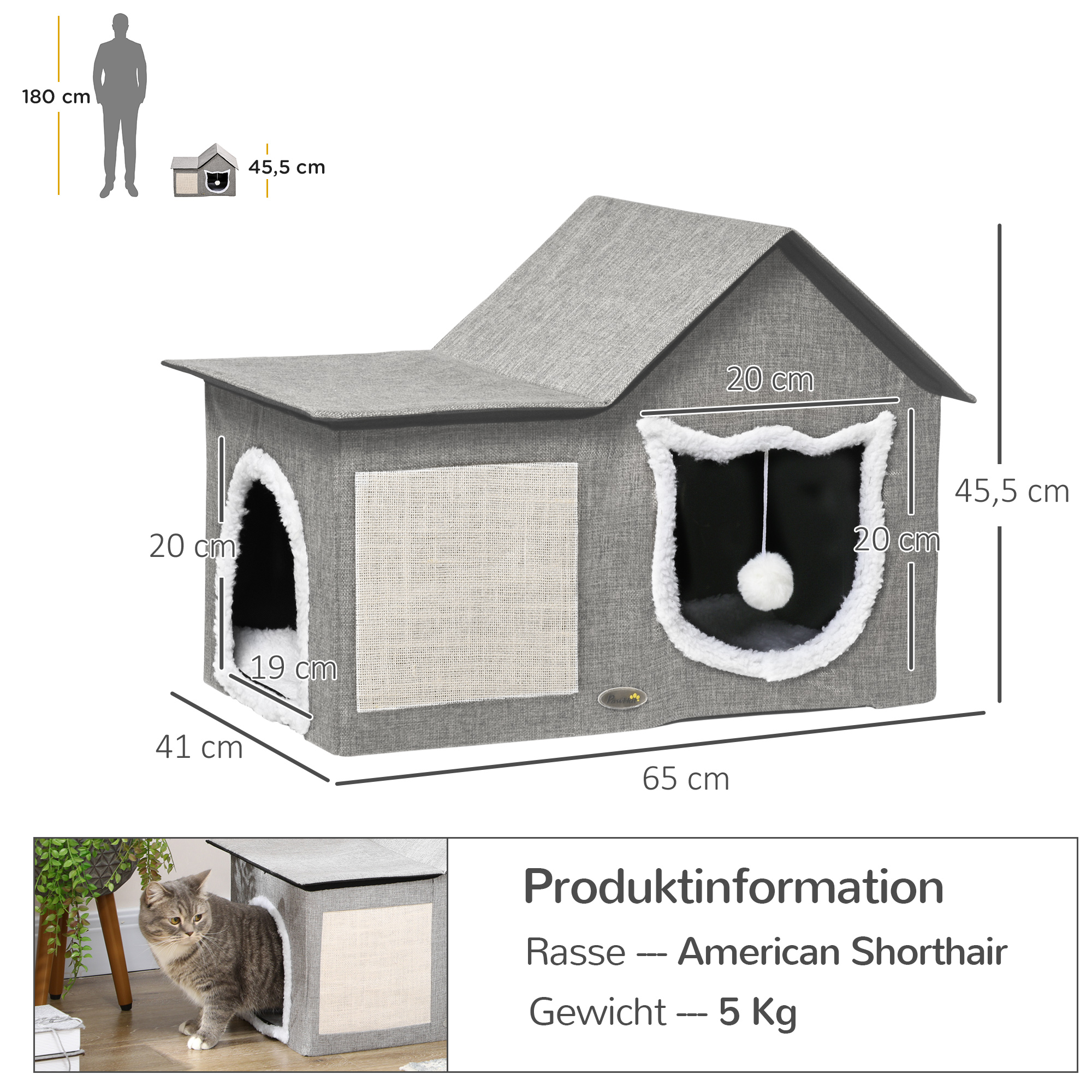 Katzenhaus mit Kratzfläche, inkl. Spielball, Katzenhöhle, 65 cm  x 41 cm x 45.5H cm, Braun + Weiß + Beige