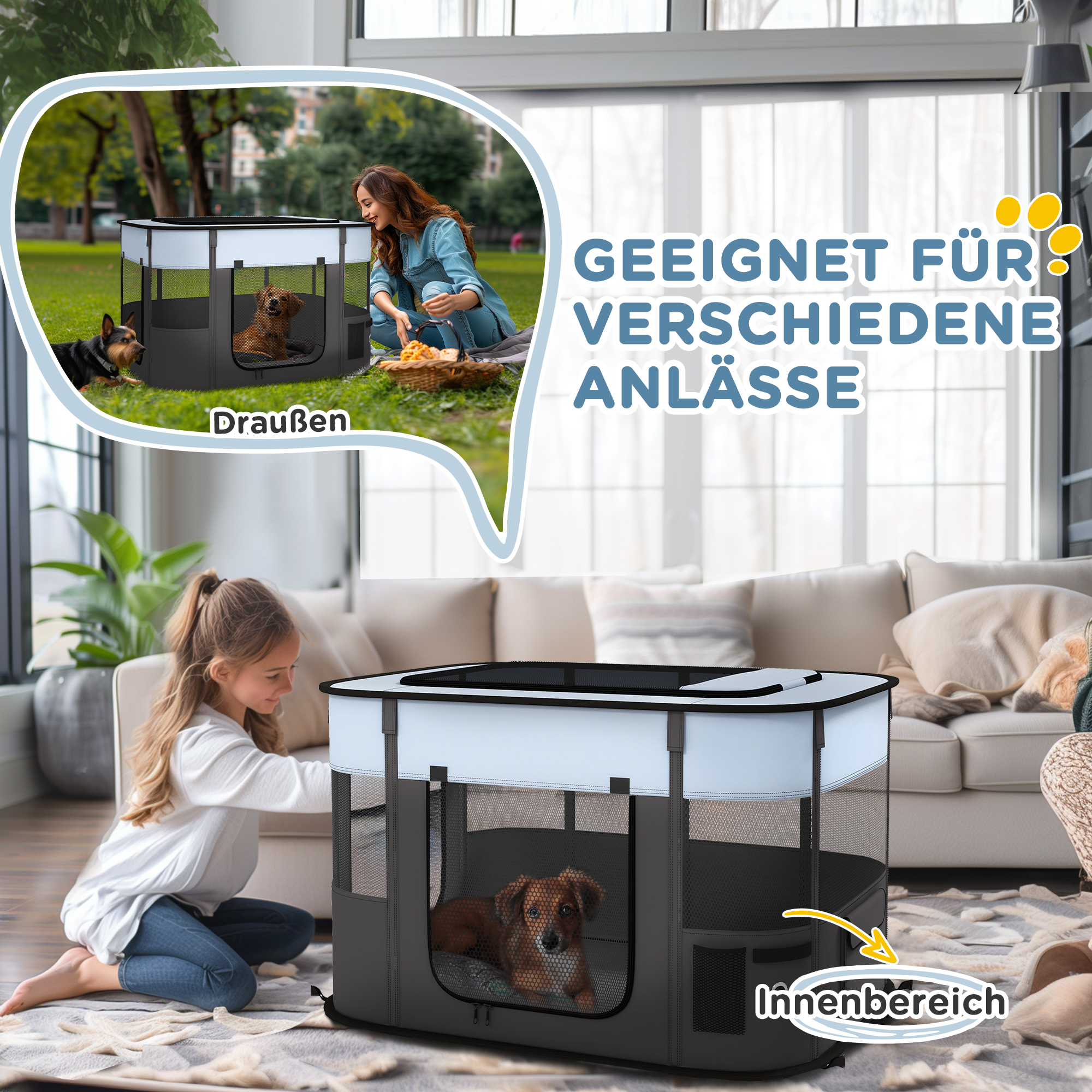 Spielgehege für Haustiere, faltbar, mit Aufbewahrungstasche, für Welpen und Kätzchen, drinnen und draußen, Grau