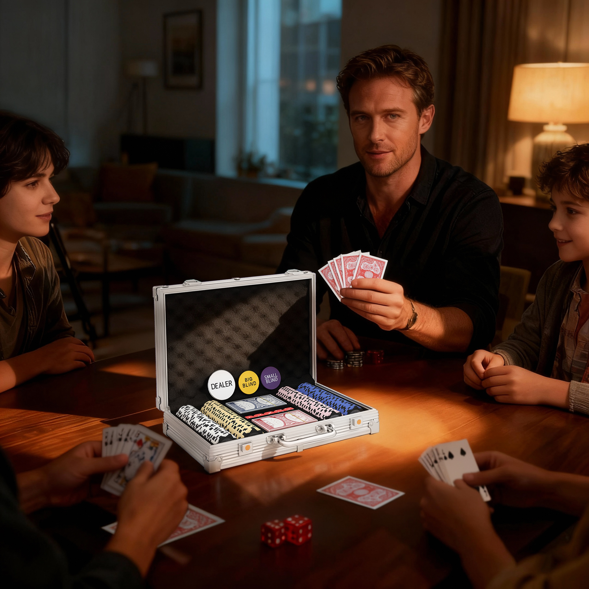 Pokerchips-Set in Koffer, mit Würfeln, Dealer-Button, 2 Kartendecks, Silberfarben