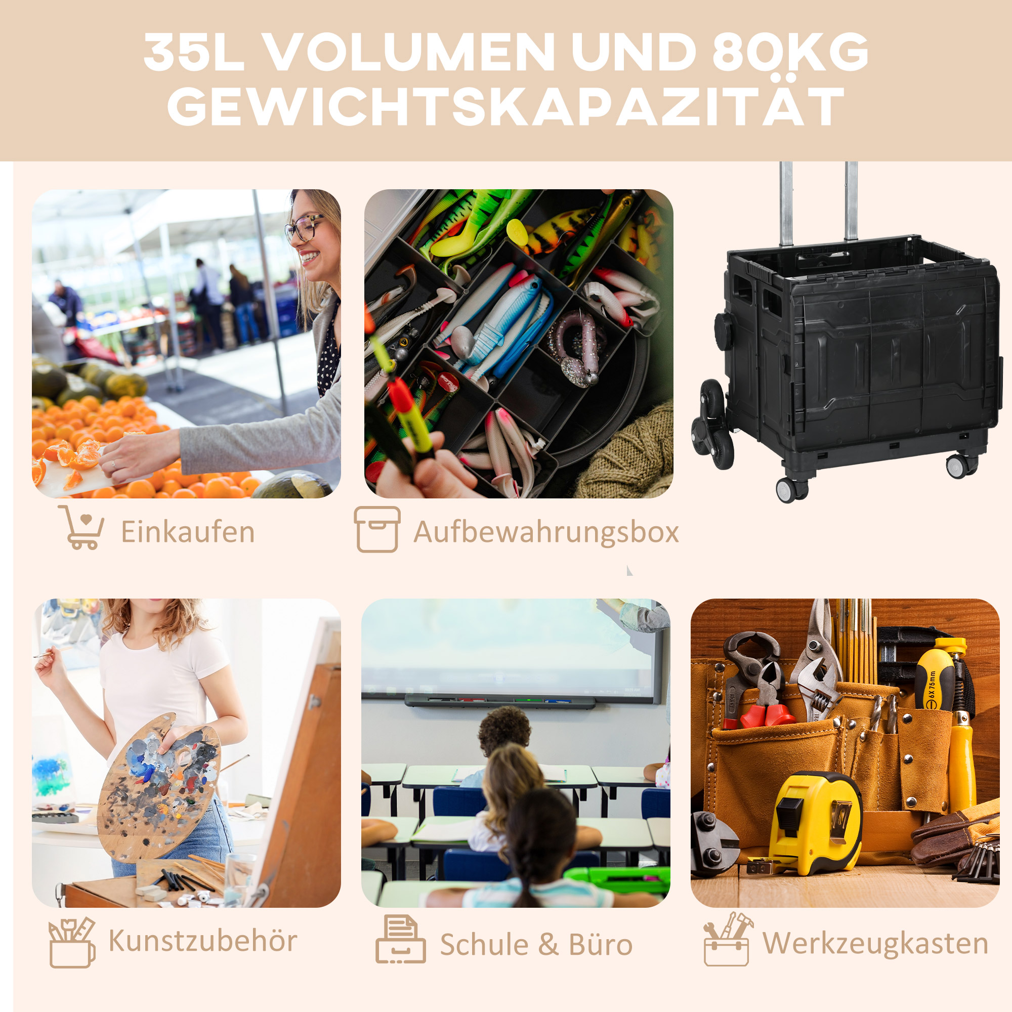 Einkaufswagen Einkaufstrolley, Treppensteiger,  klappbar, Teleskopgriff, bis max. 65 Kilo belastbar, Schwarz