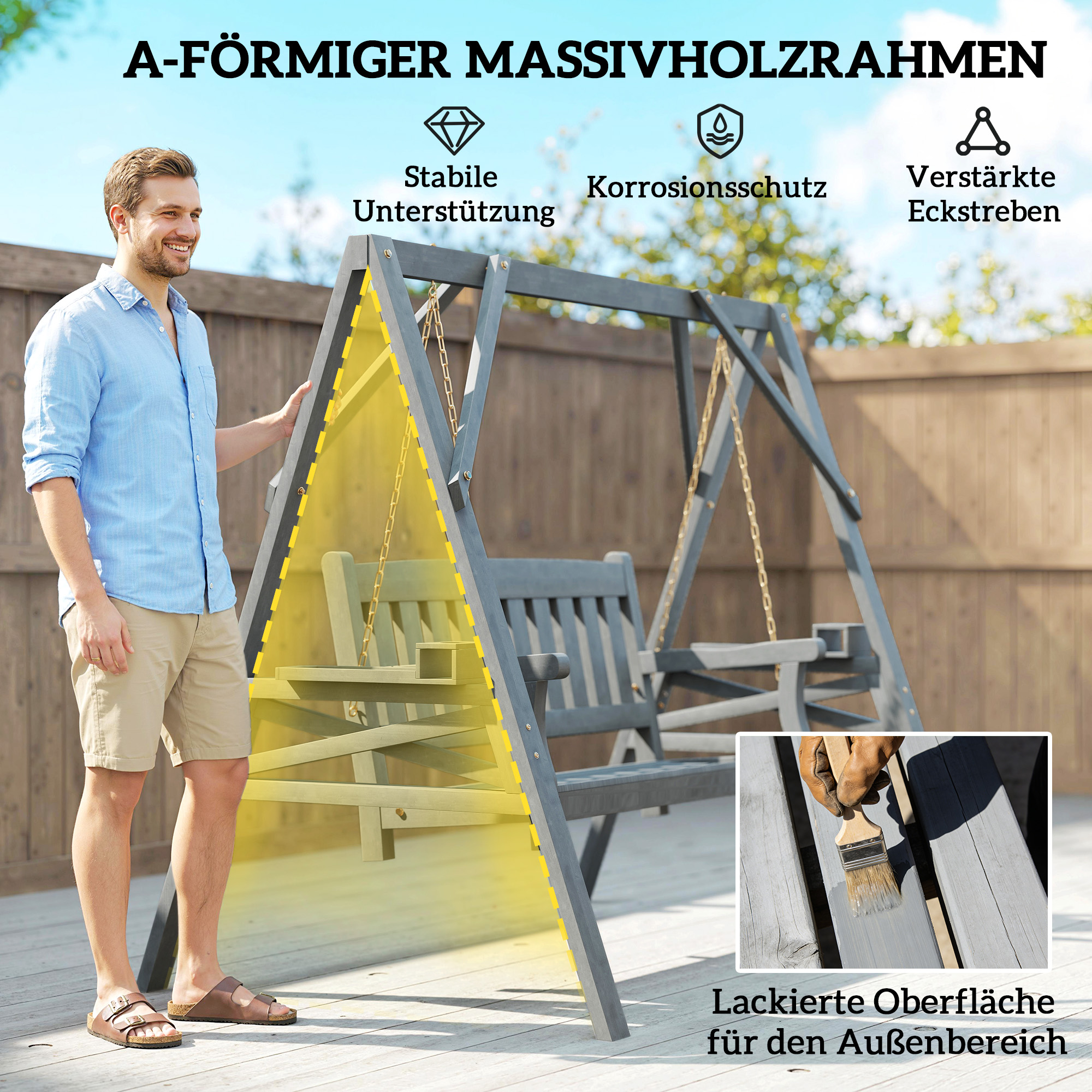 2-Sitzer Gartenschaukel, Holzschaukelbank mit Ablagen, Getränkehalter und Metallketten, Grau