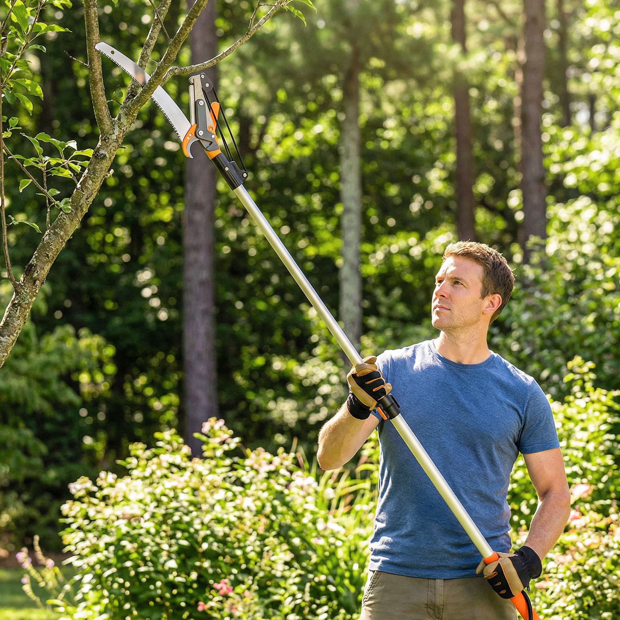 2-in-1 Astsäge mit integrierter Astschere Baumsäge mit Teleskopstiel 135/172/199 cm für hohe Äste Orange