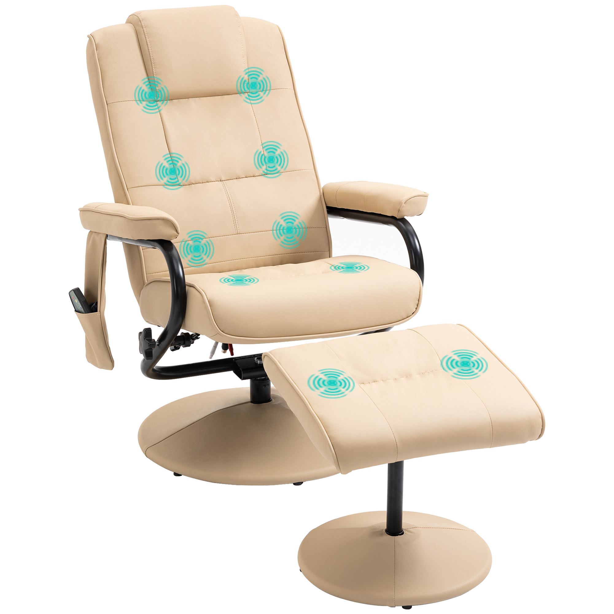 Massagesessel mit Hocker, Drehbares Relaxsessel mit Massagefunktion, Fernsehsessel mit Liegefunktion, Fernbedienung für Wohnzimmer, Kunstleder, Creme