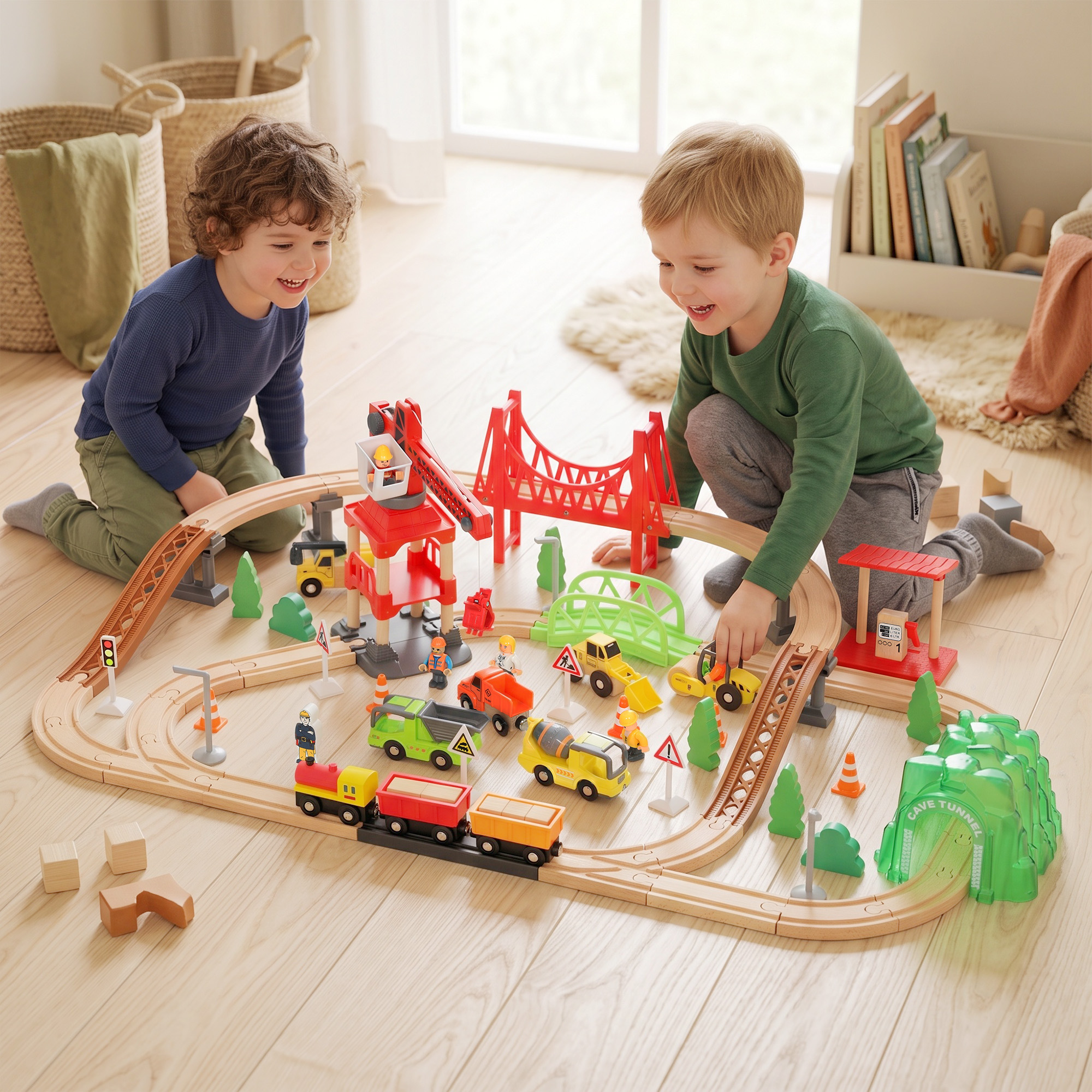 Holzeisenbahn Set 91 Stück Eisenbahn Set mit Kran Zügen Baufahrzeugen, Schienen Brücke für Kinder ab 3 Jahren