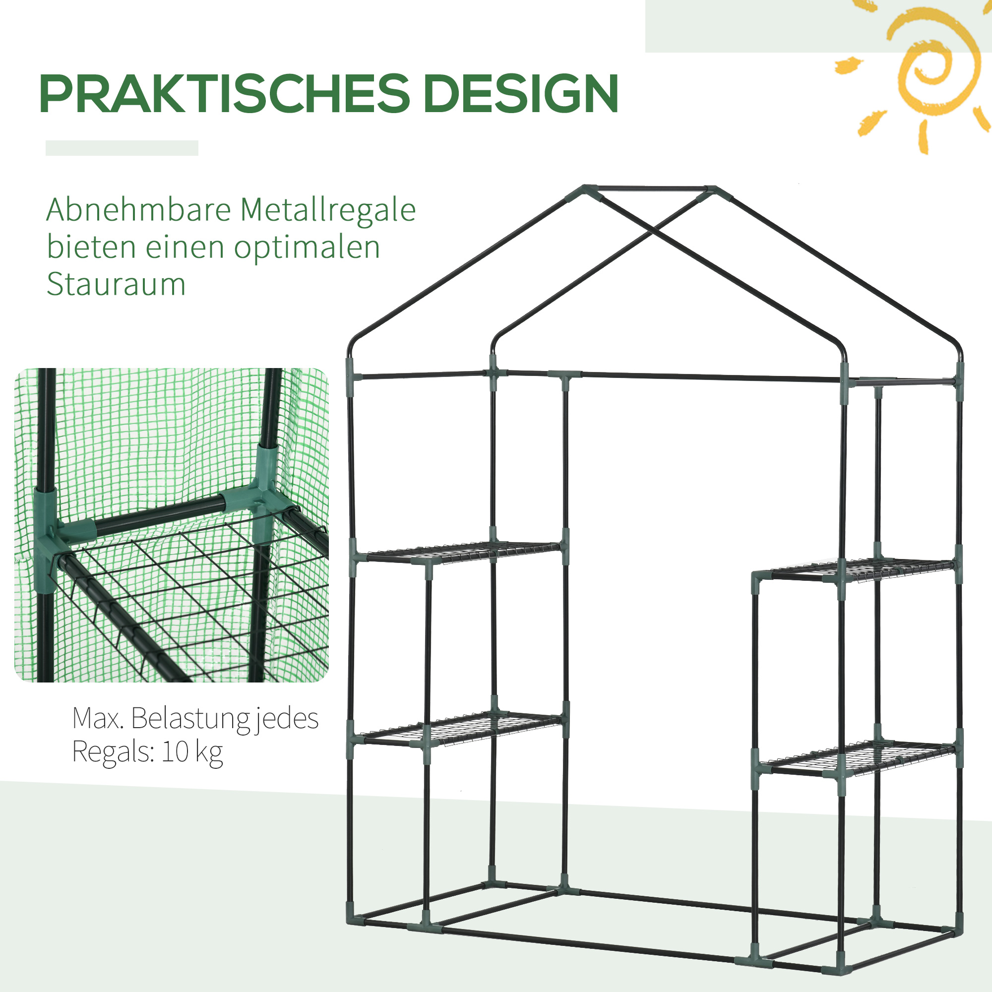 Foliengewächshaus Gewächshaus mit 6 Regalebenen begehbares Gartenhäuschen Treibhaus Tomatenhaus Pflanzenhaus mit aufrollbarem Eingang Frühbeet Grün 141 x 72 x 191 cm