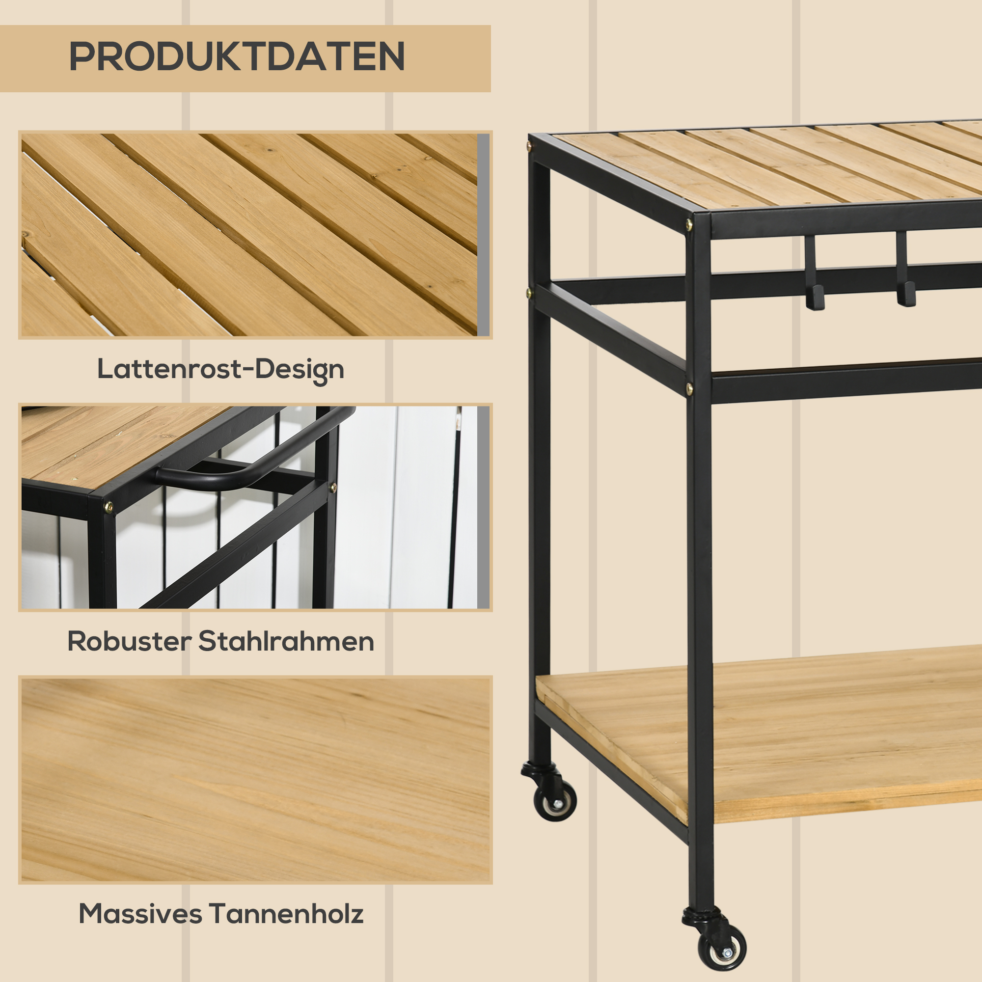 Servierwagen im Industrie-Design, wetterbeständig, 3 Haken, 1 Regal,107 cm x 65 cm x 80 cm, Schwarz +Natur