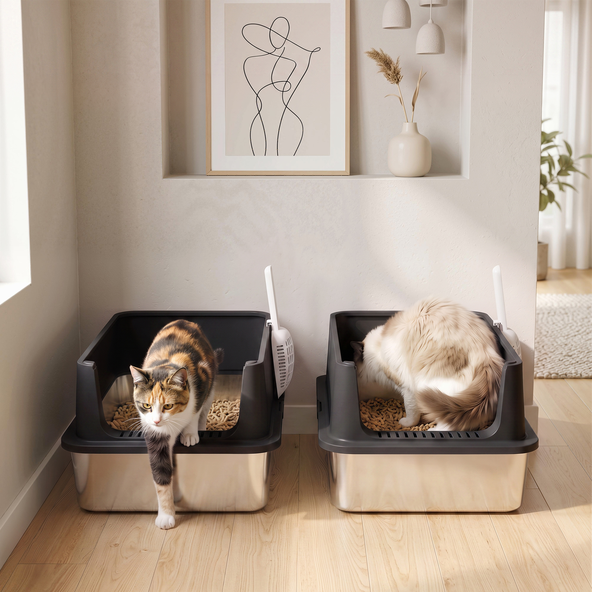 2er-Set Katzenklo Edelstahl XL mit Hohem Rand Deckel 60x40x30cm Halboffene mit 2 Schaufeln, für Große Katzen bis 8 kg