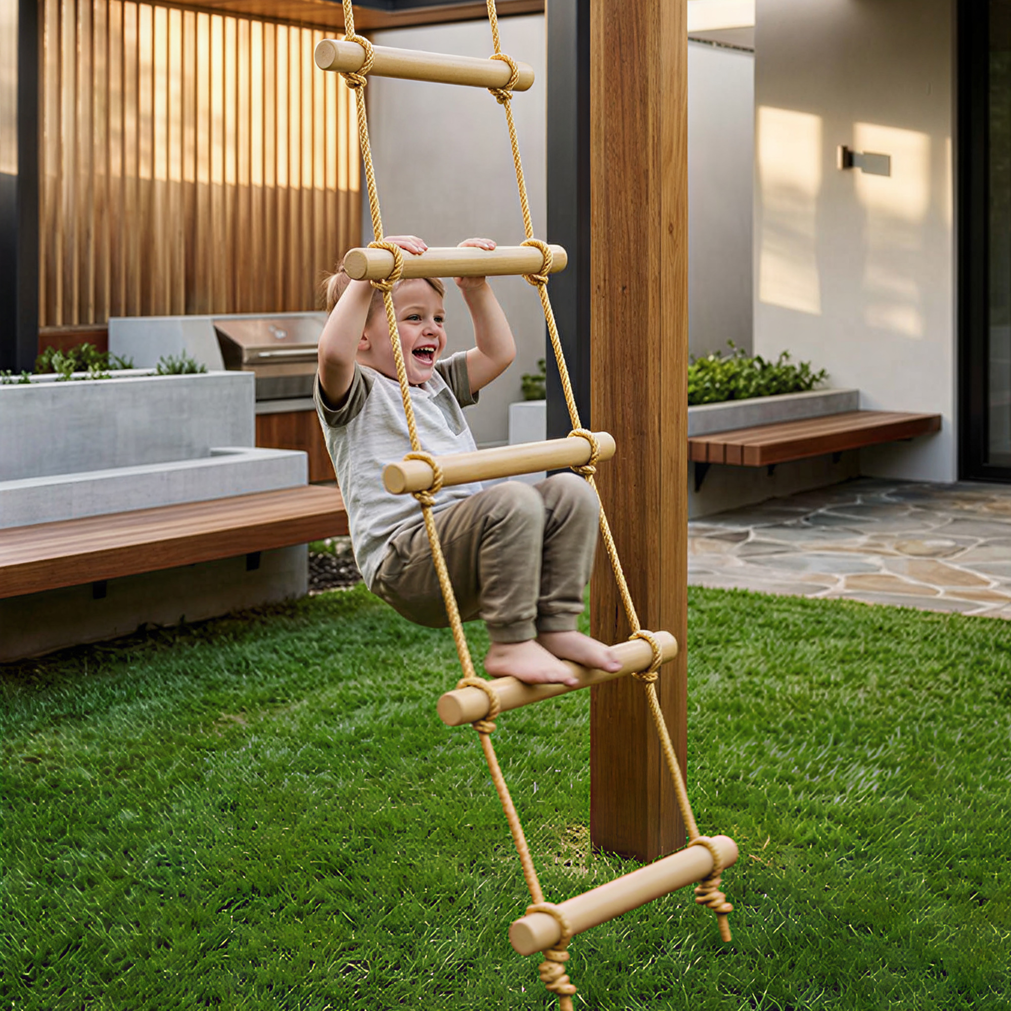 Strickleiter für Kinder 5-stufige Kletterleiter mit 2 Karabinern 2 Baumgurten für 3-8 Jahre 40 x 3,5 x 180 cm Naturholz