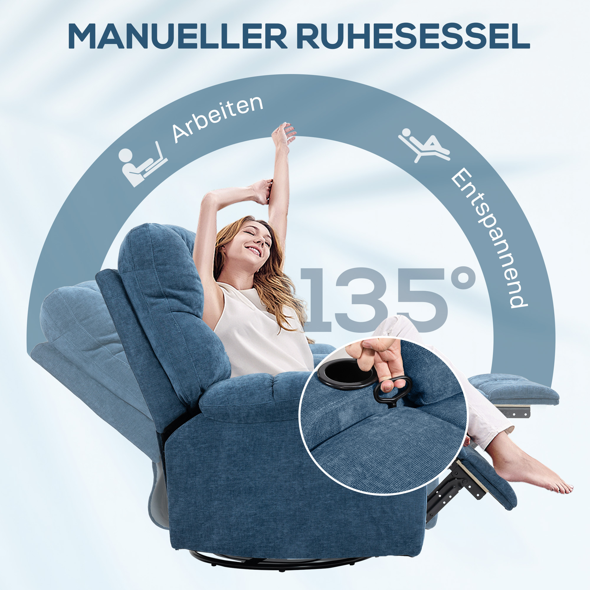 Relaxsessel mit Fußstütze, Liegesessel, drehbar, bis 150 kg, Stahlrahmen, 88x96x108cm, Dunkelblau