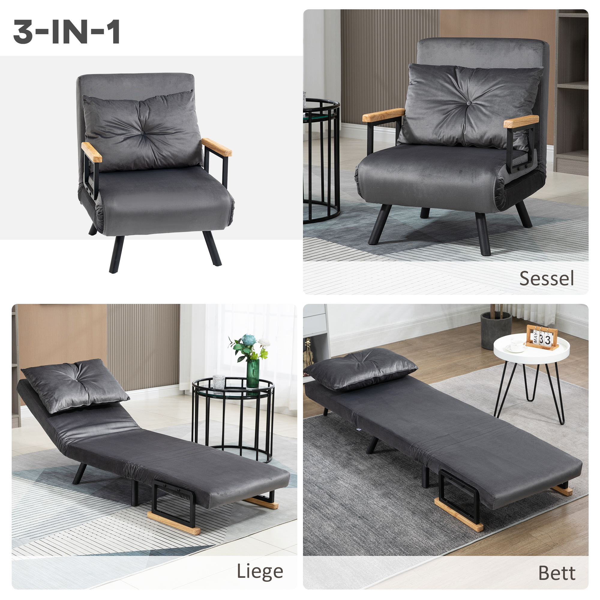 Relaxsessel im Skandidesign, Liegesessel, Lesesessel. ink. Kissen mit Knopfhefung, Schwarz + Natur